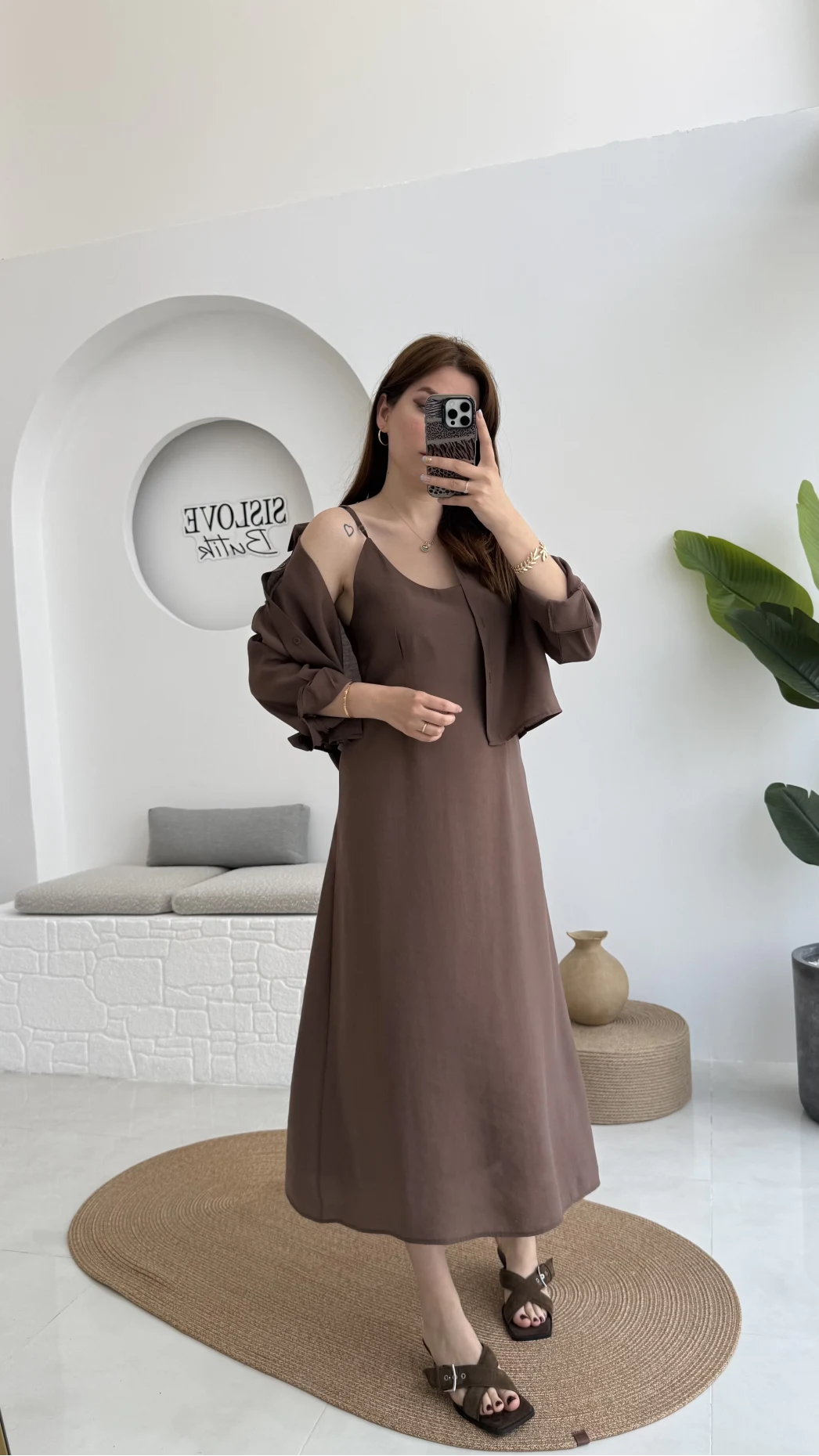 Askılı Gömlek Elbise Takım - 51153 - Kahve