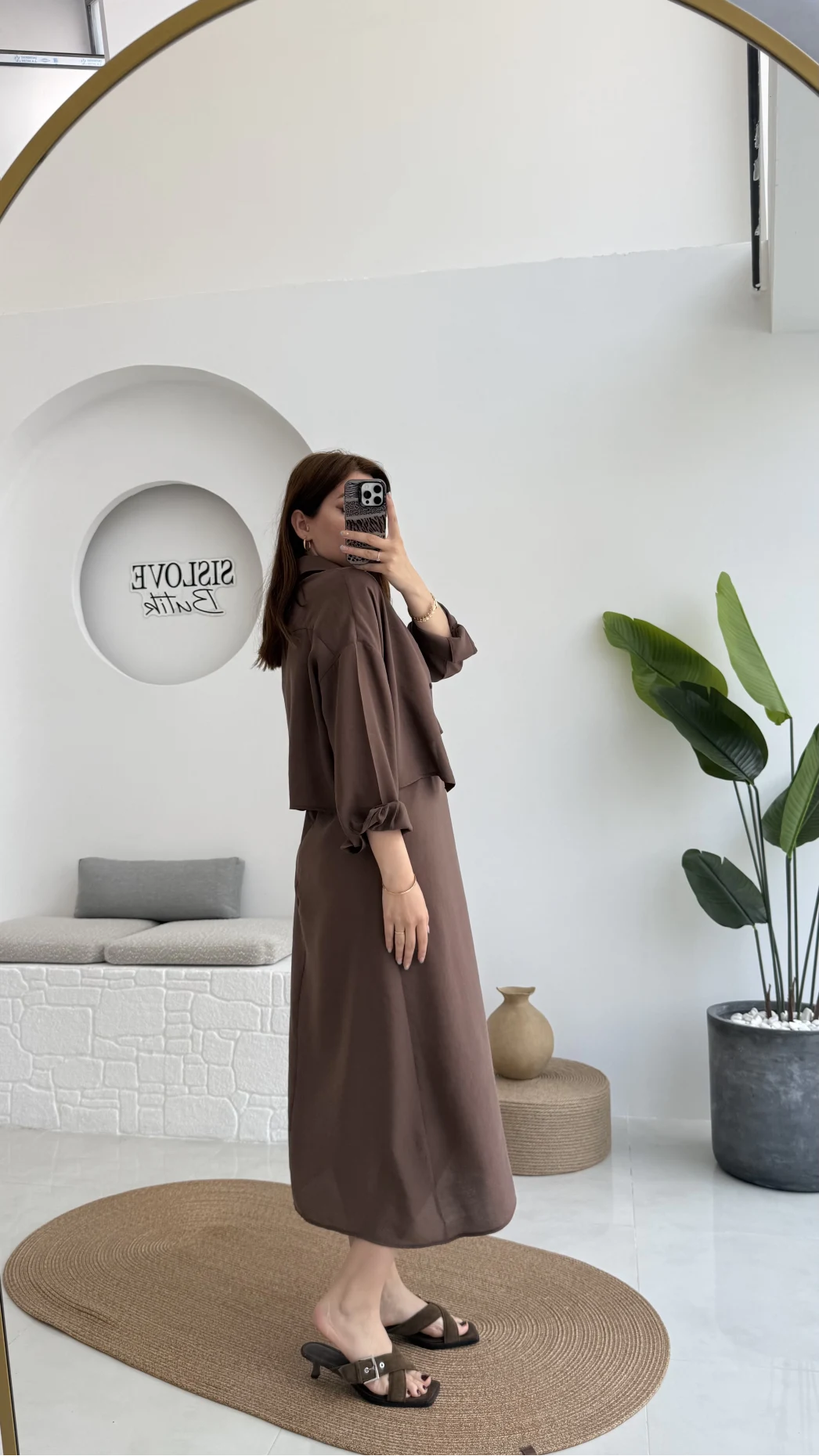 Askılı Gömlek Elbise Takım - 51153 - Kahve