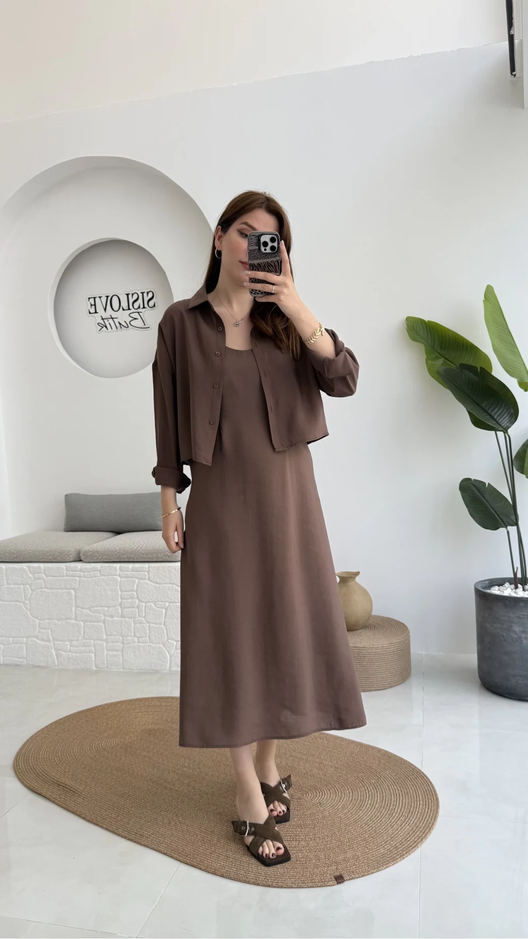 Askılı Gömlek Elbise Takım - 51153 - Kahve
