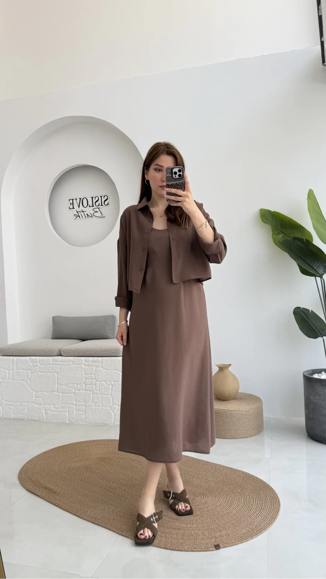 Askılı Gömlek Elbise Takım - 51153 - Kahve