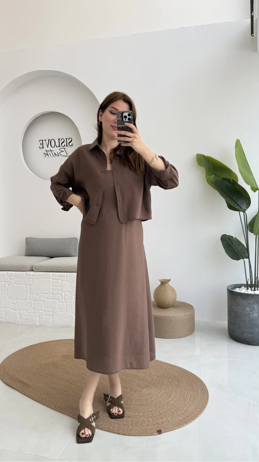 Askılı Gömlek Elbise Takım - 51153 - Kahve