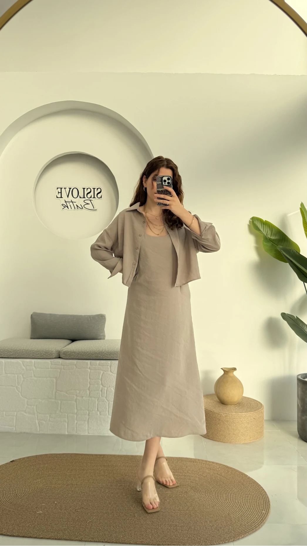 Askılı Gömlek Elbise Takım - 51153 - Vizon
