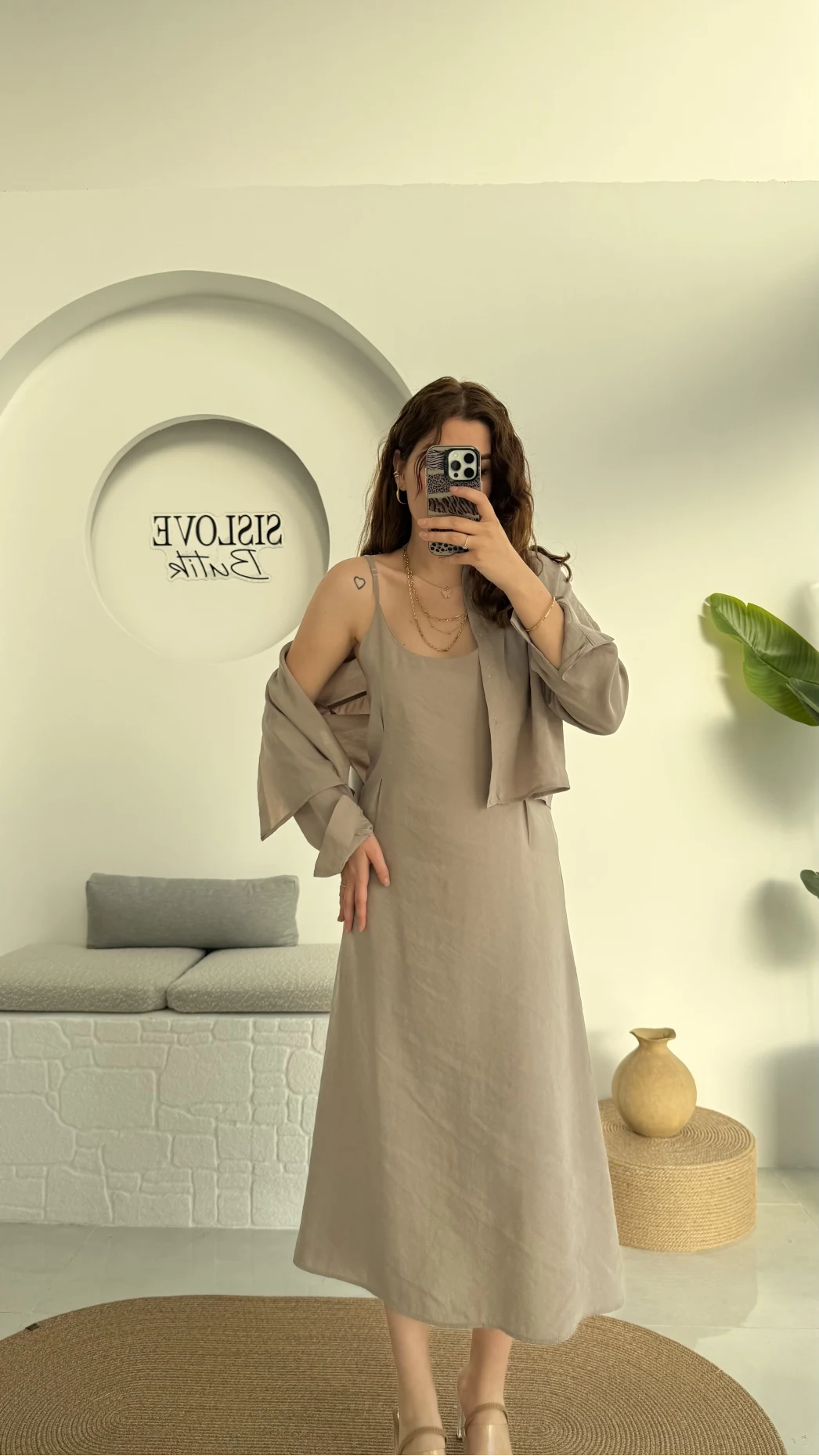 Askılı Gömlek Elbise Takım - 51153 - Vizon
