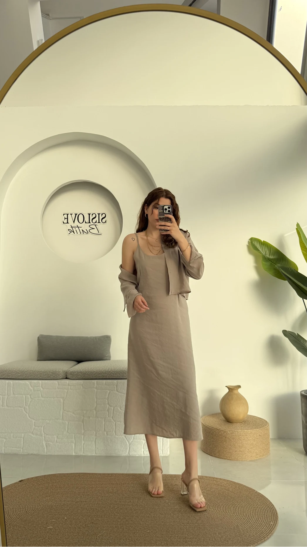 Askılı Gömlek Elbise Takım - 51153 - Vizon