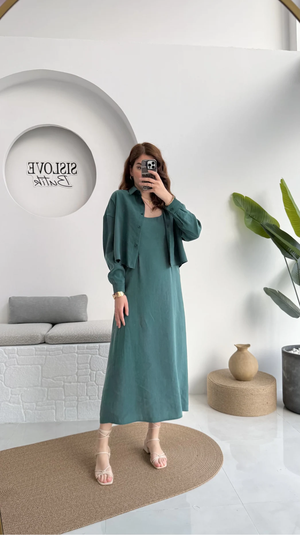 Askılı Gömlek Elbise Takım - 51153 - Zümrüt Yeşili