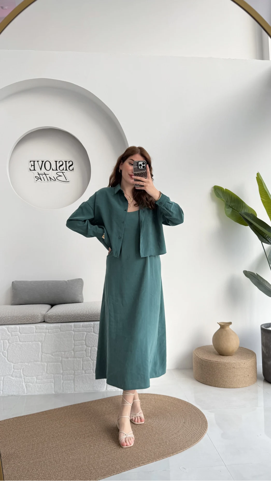 Askılı Gömlek Elbise Takım - 51153 - Zümrüt Yeşili