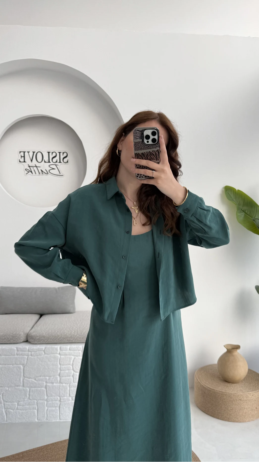 Askılı Gömlek Elbise Takım - 51153 - Zümrüt Yeşili