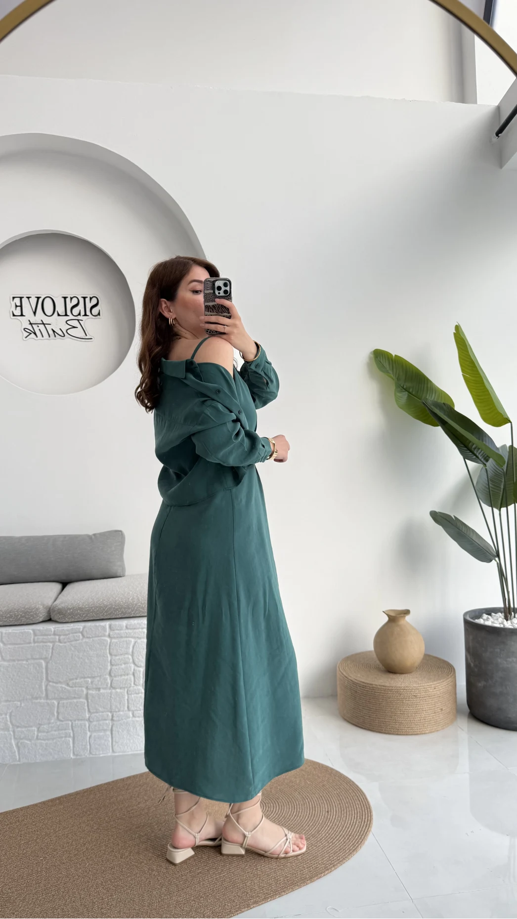 Askılı Gömlek Elbise Takım - 51153 - Zümrüt Yeşili