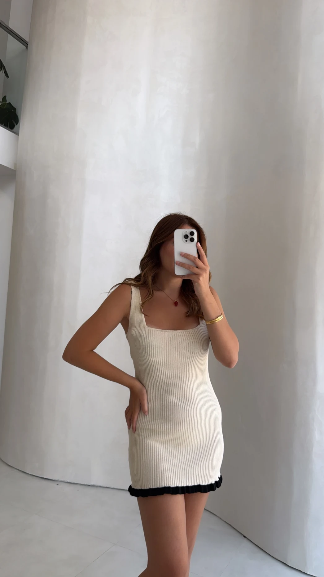 Askılı Mini Triko Elbise - Ekru