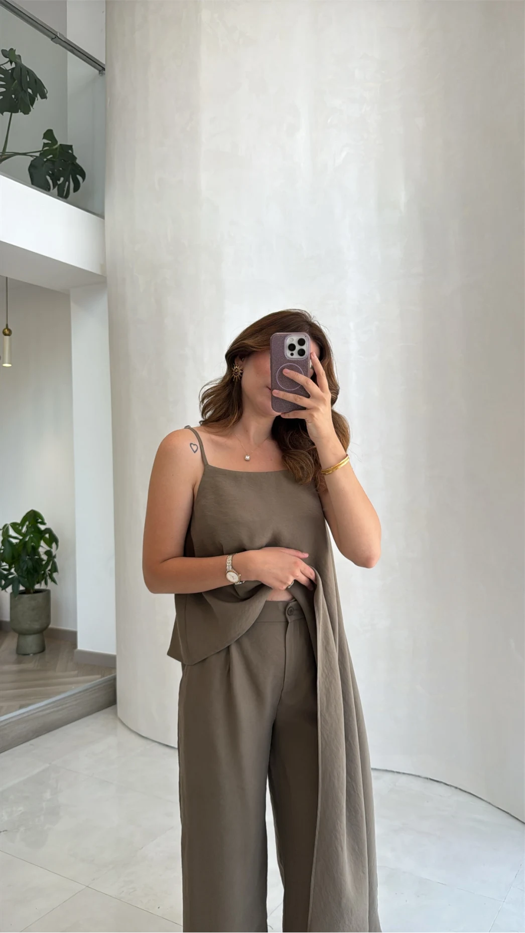 Askılı Modal Asimetrik Bluz-Pantolon Takım - Haki - Kod: 9191