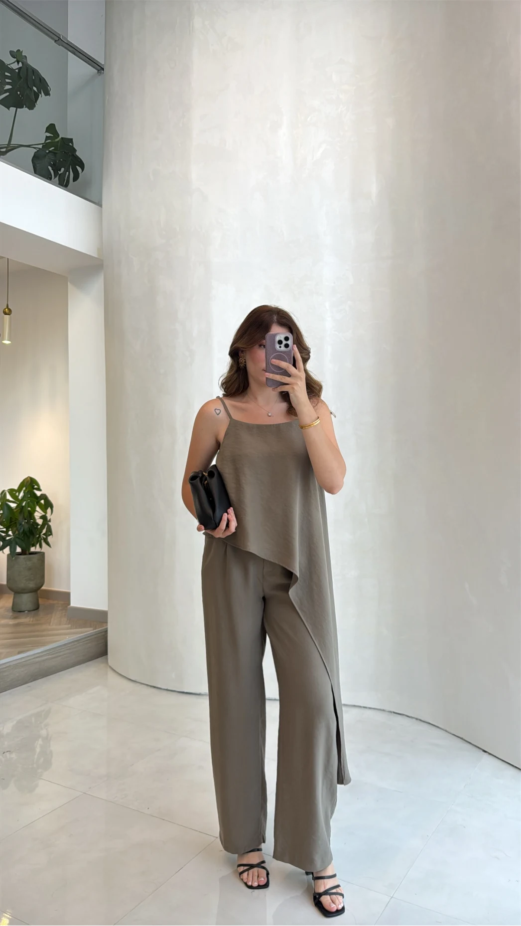 Askılı Modal Asimetrik Bluz-Pantolon Takım - Haki - Kod: 9191