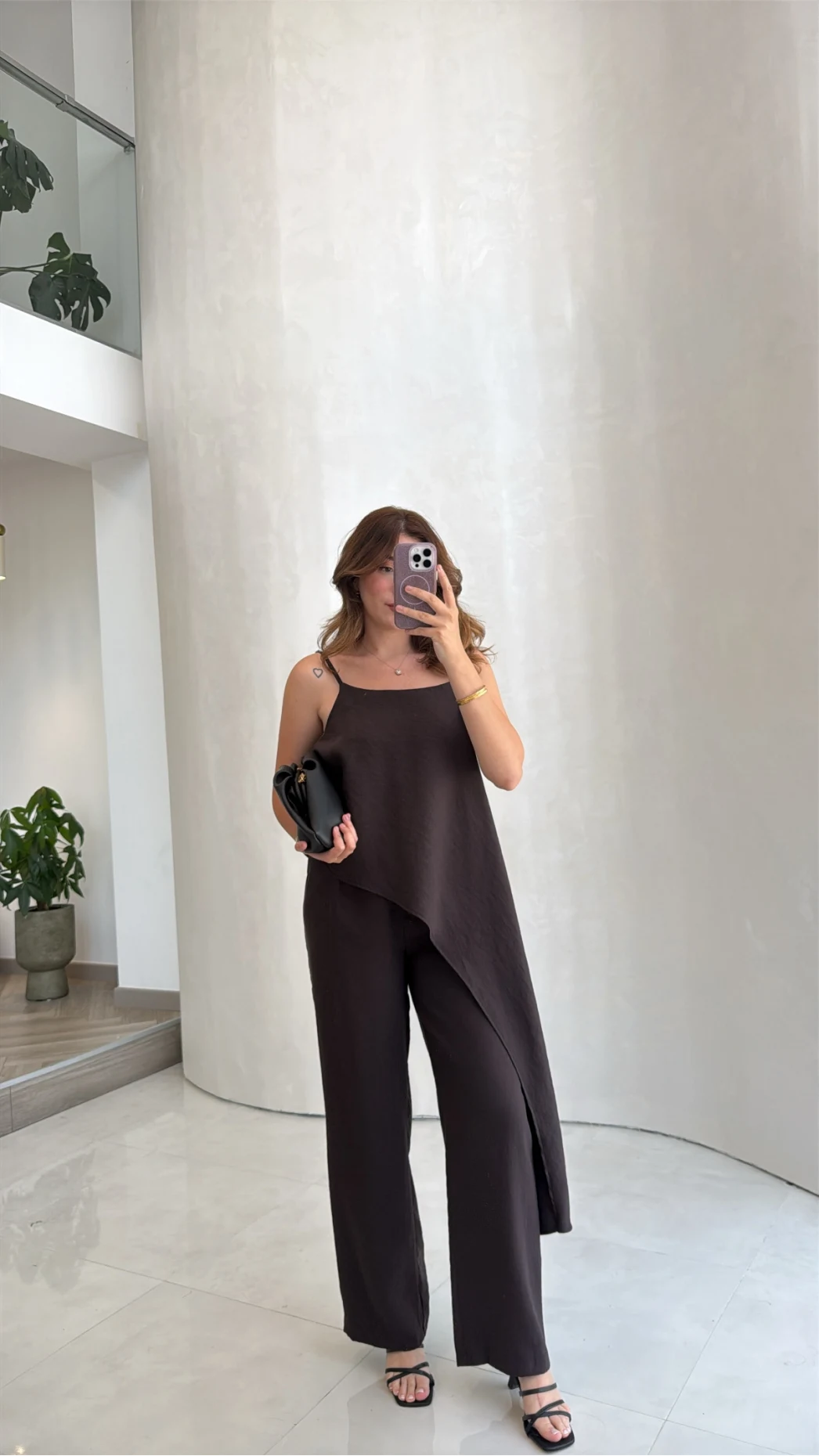 Askılı Modal Asimetrik Bluz-Pantolon Takım - Kahve - Kod: 9191