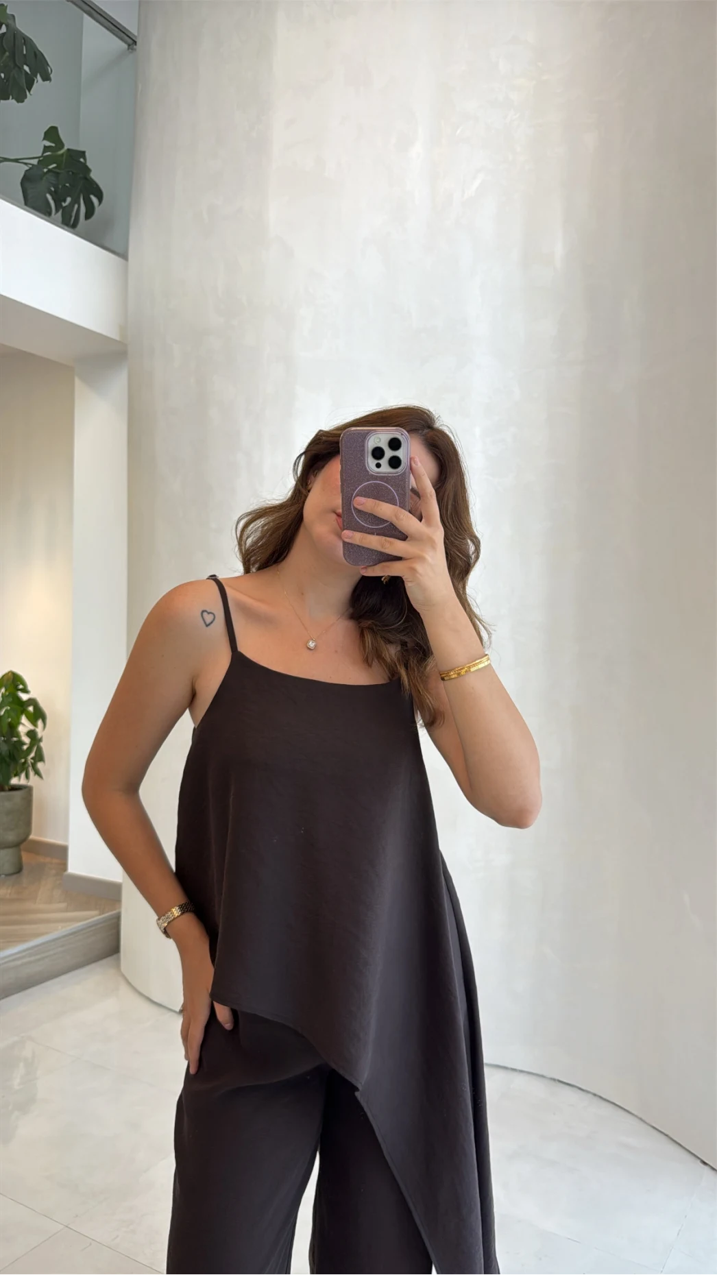 Askılı Modal Asimetrik Bluz-Pantolon Takım - Kahve - Kod: 9191