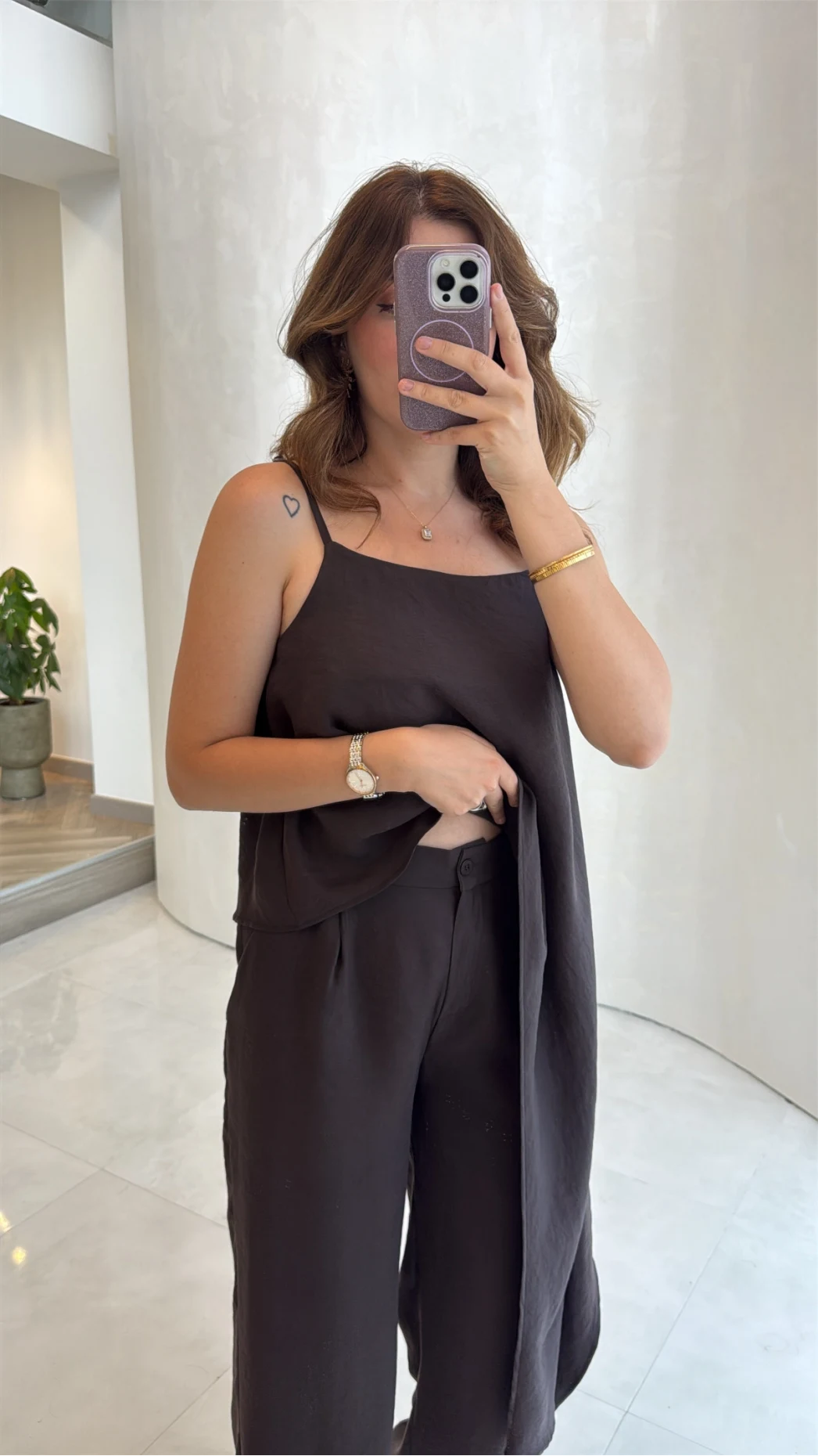 Askılı Modal Asimetrik Bluz-Pantolon Takım - Kahve - Kod: 9191