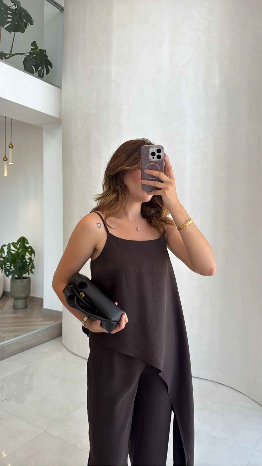 Askılı Modal Asimetrik Bluz-Pantolon Takım - Kahve - Kod: 9191