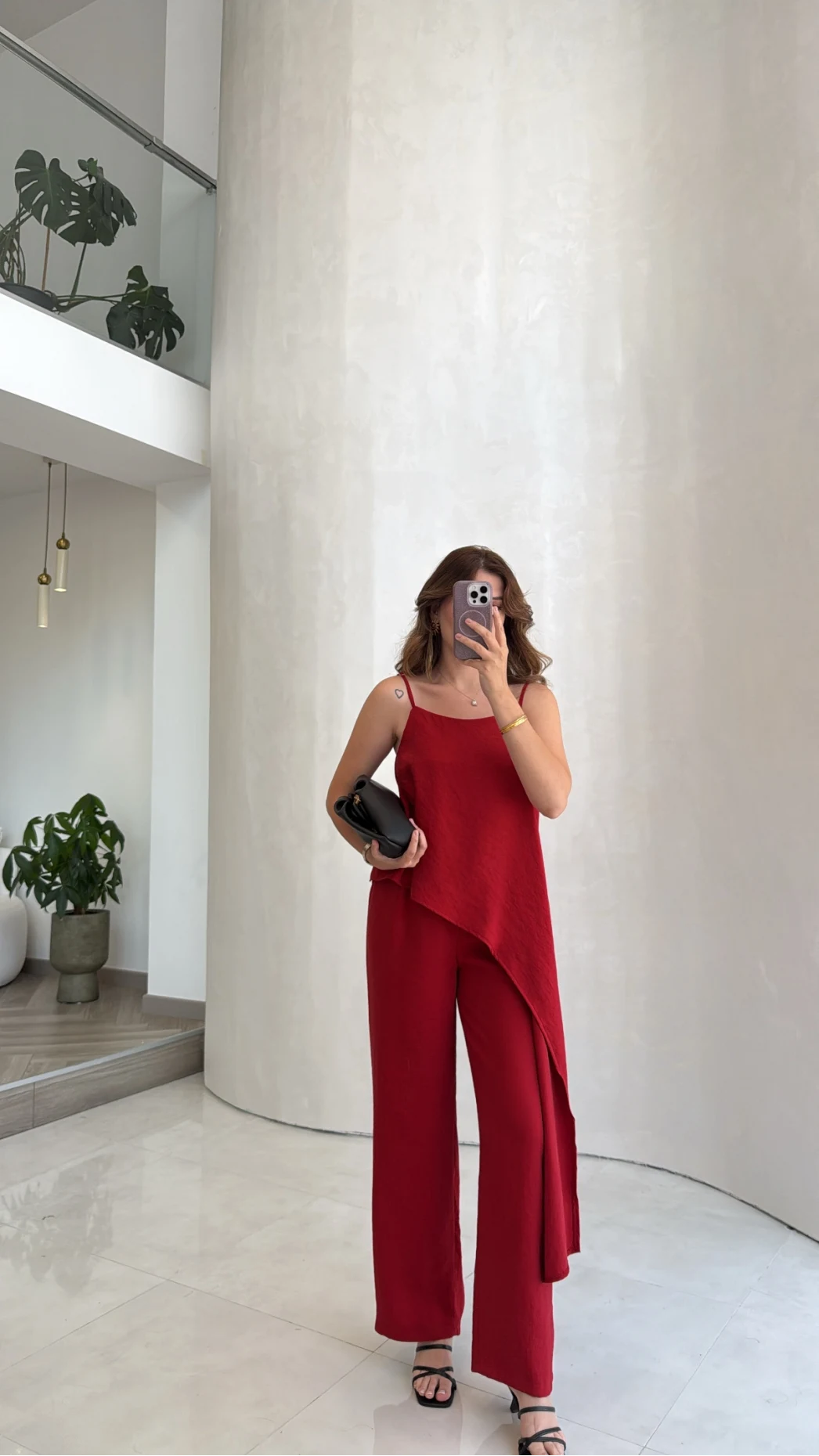 Askılı Modal Asimetrik Bluz-Pantolon Takım - Kırmızı - Kod: 9191