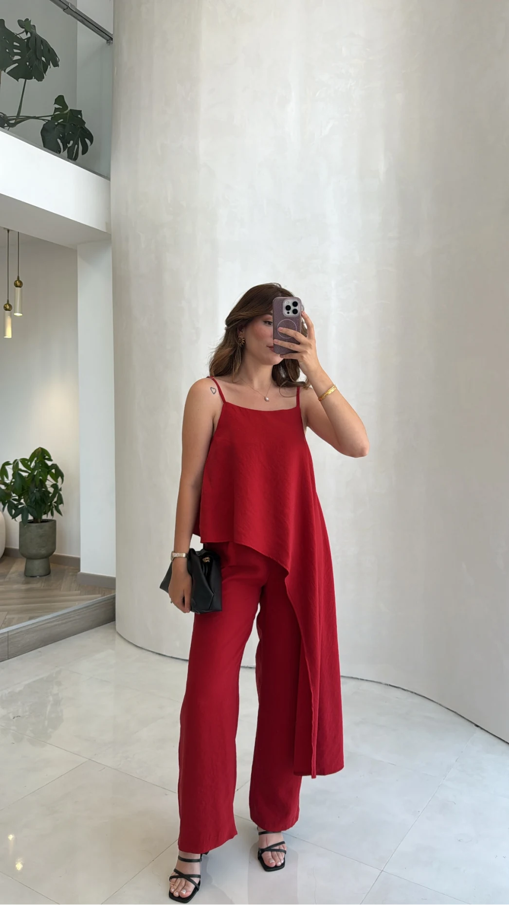 Askılı Modal Asimetrik Bluz-Pantolon Takım - Kırmızı - Kod: 9191