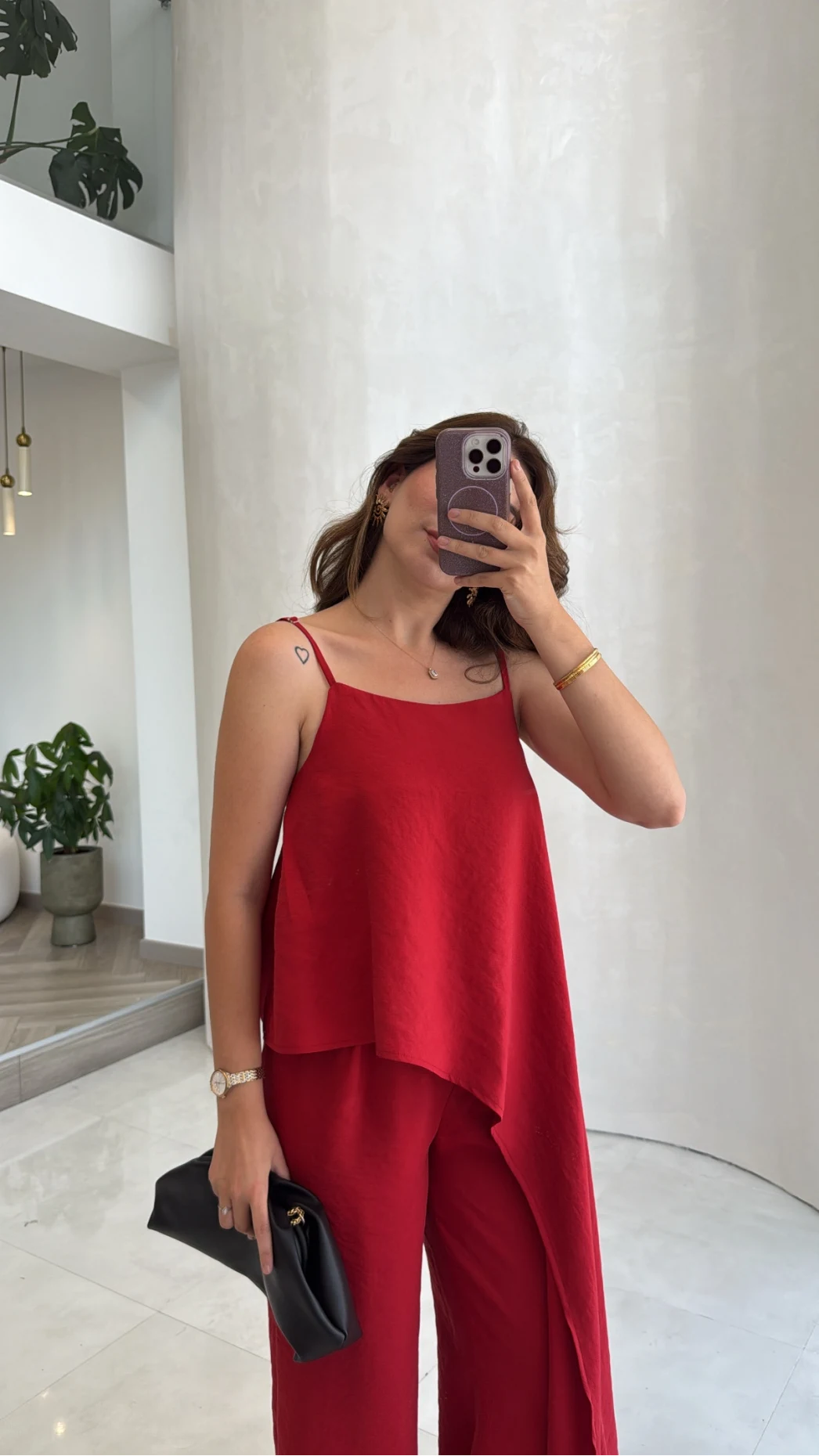 Askılı Modal Asimetrik Bluz-Pantolon Takım - Kırmızı - Kod: 9191