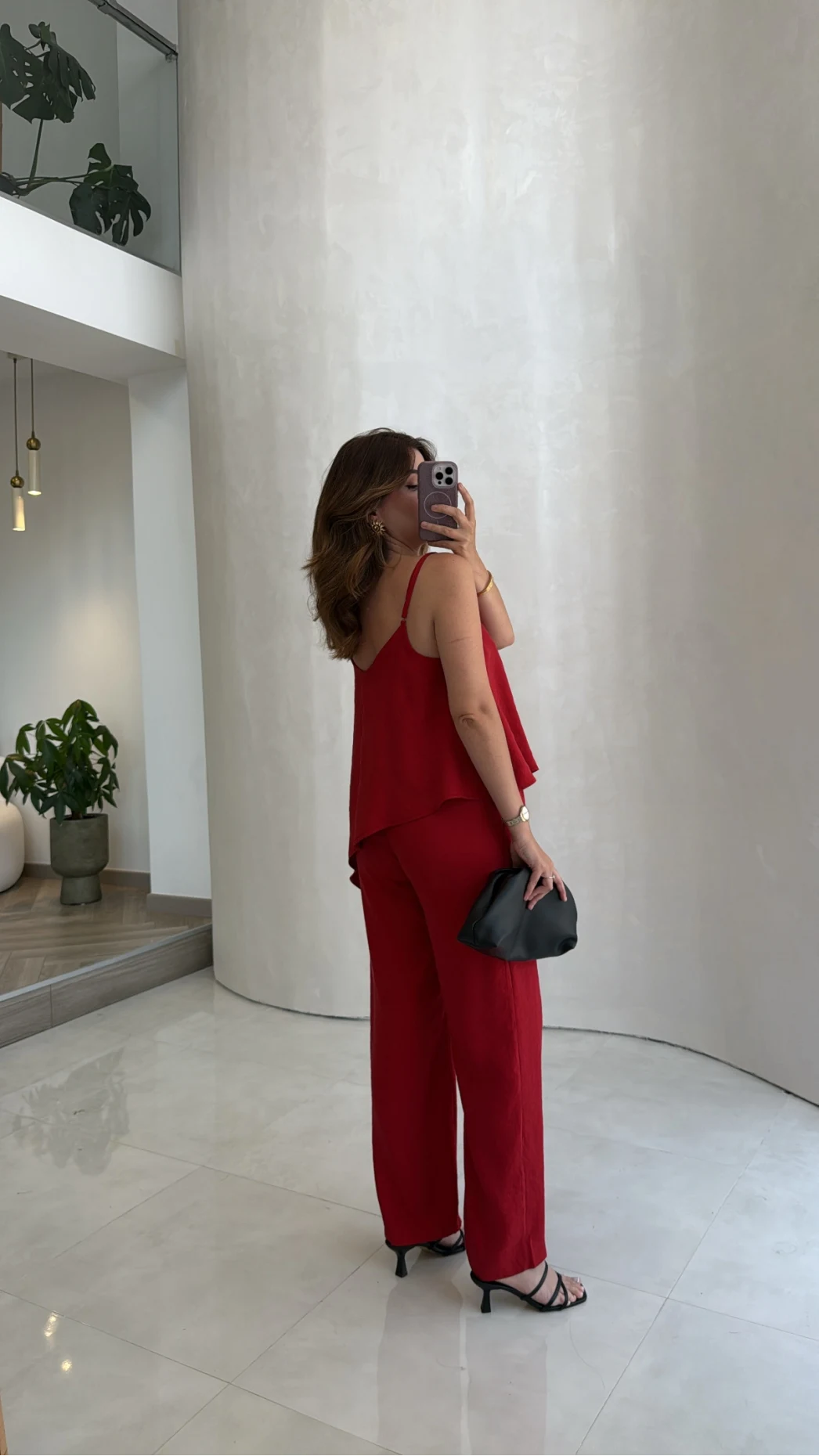 Askılı Modal Asimetrik Bluz-Pantolon Takım - Kırmızı - Kod: 9191