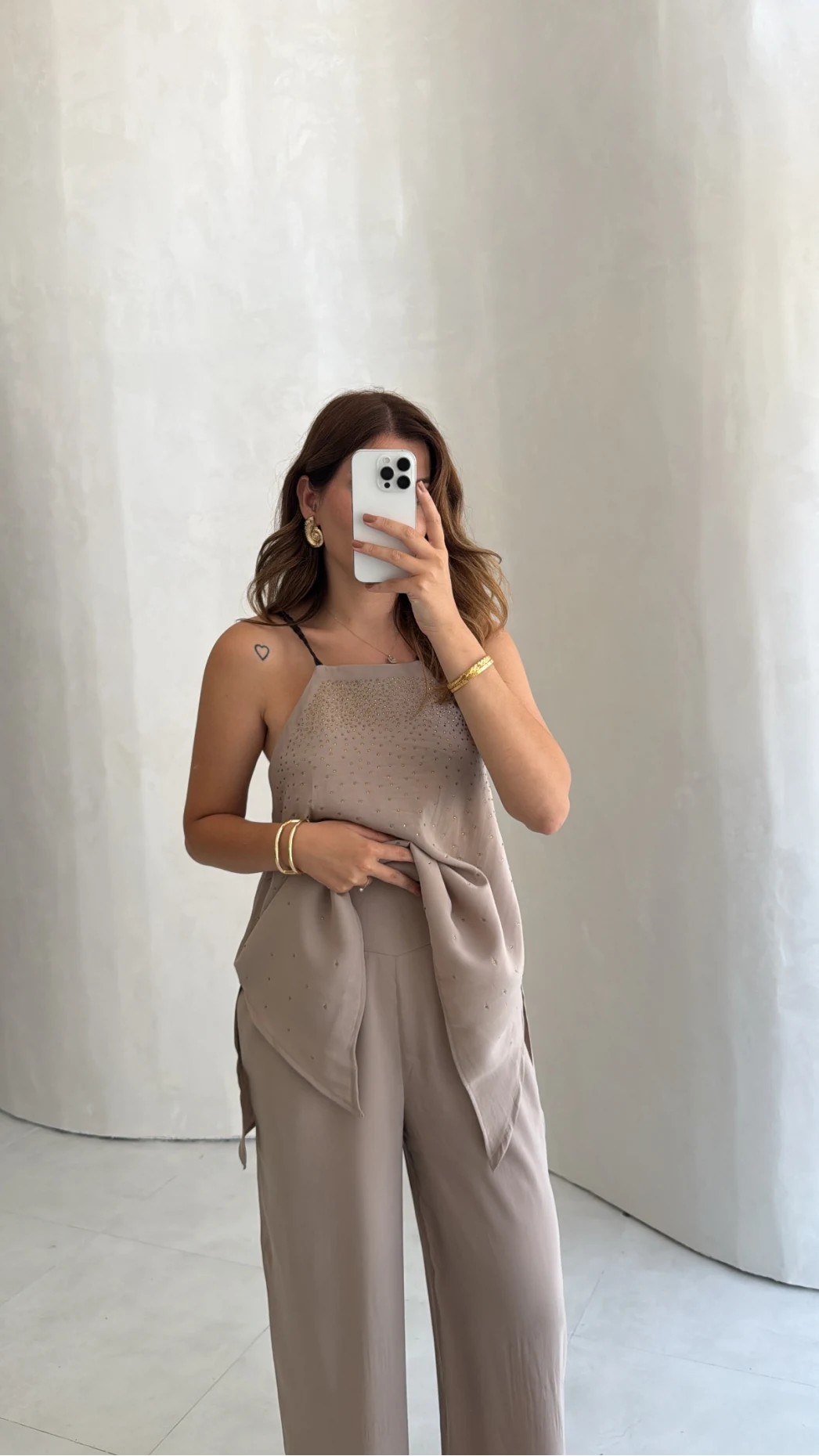 Askılı Taşlı Tulum - Bej - Kod: 3464