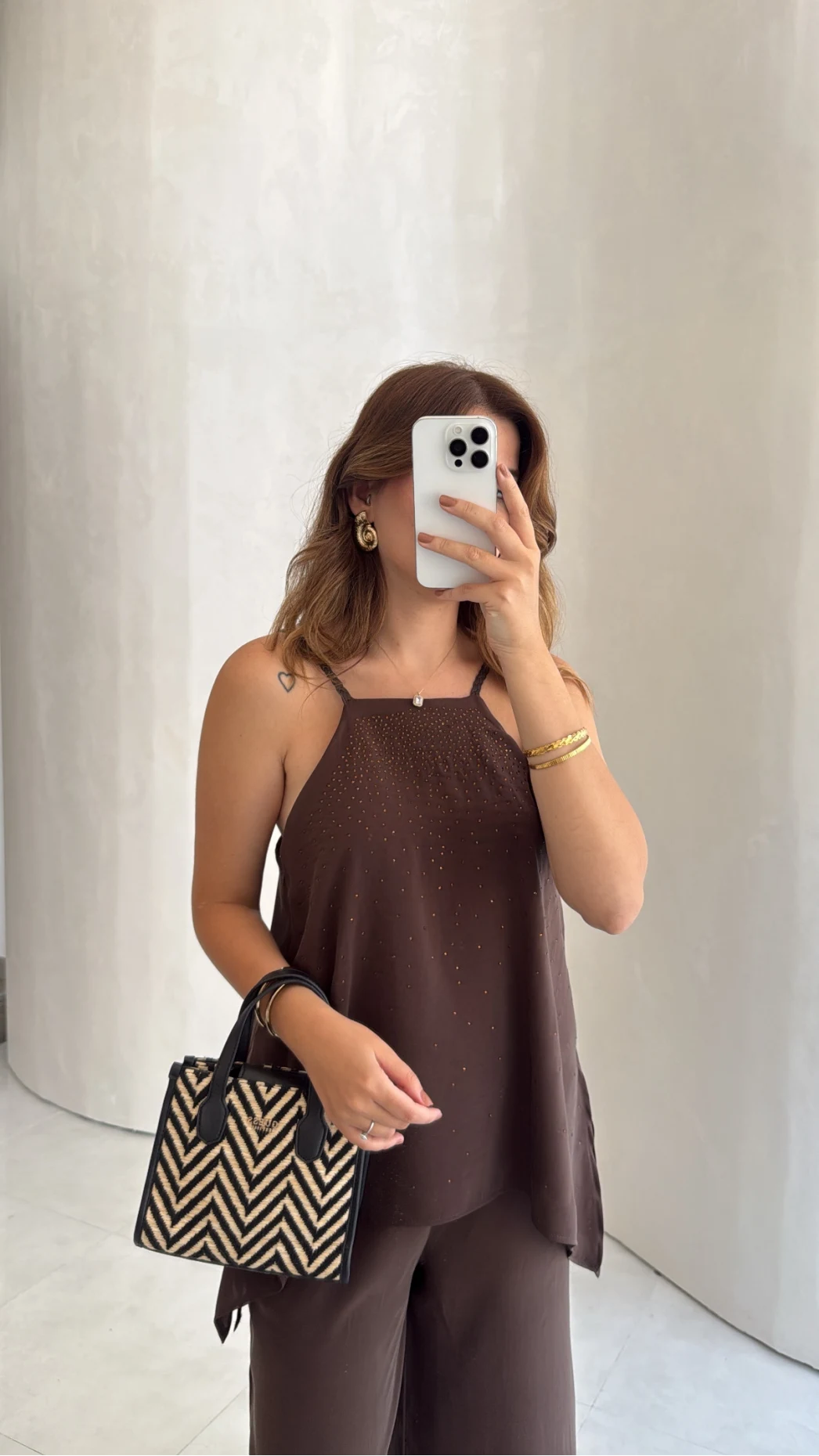 Askılı Taşlı Tulum - Kahve - Kod: 3464