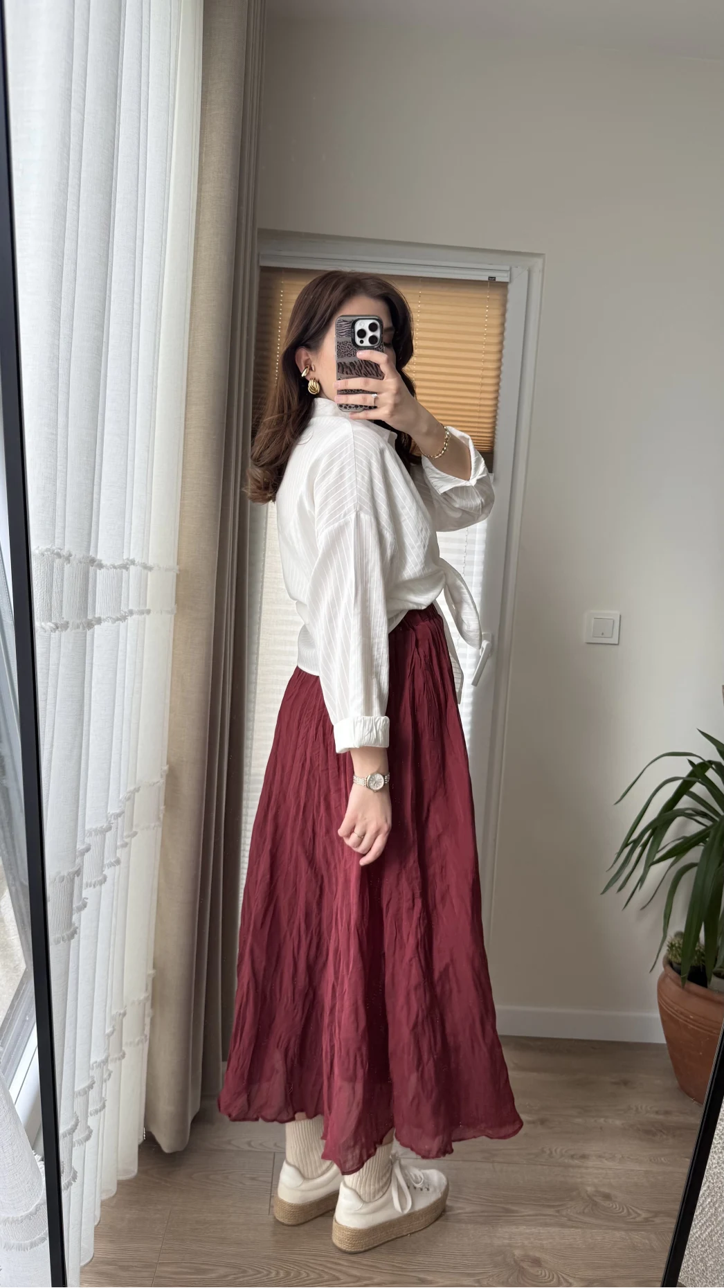 Astarlı Bordo Kloş Kırışık Etek