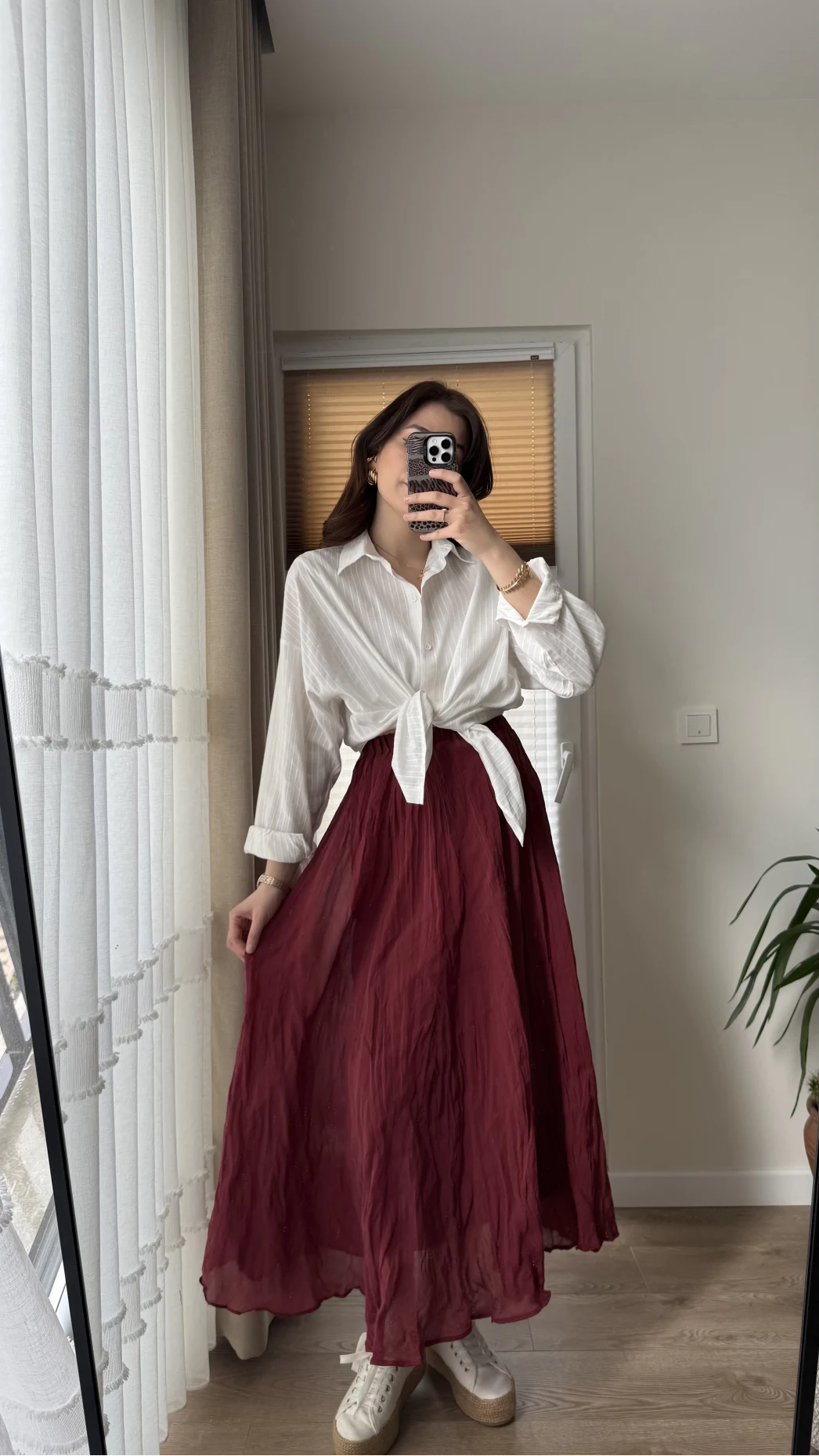 Astarlı Bordo Kloş Kırışık Etek