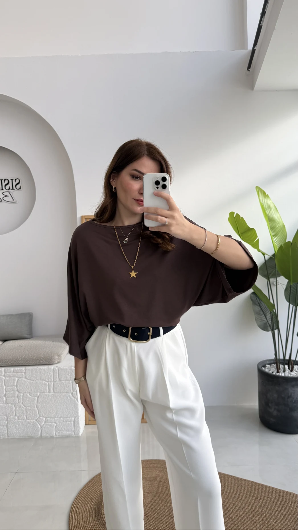 Athena Modal Yarasa Kol Kayık Yaka Bluz - Kahve