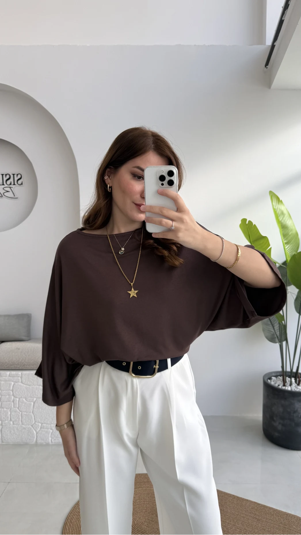 Athena Modal Yarasa Kol Kayık Yaka Bluz - Kahve