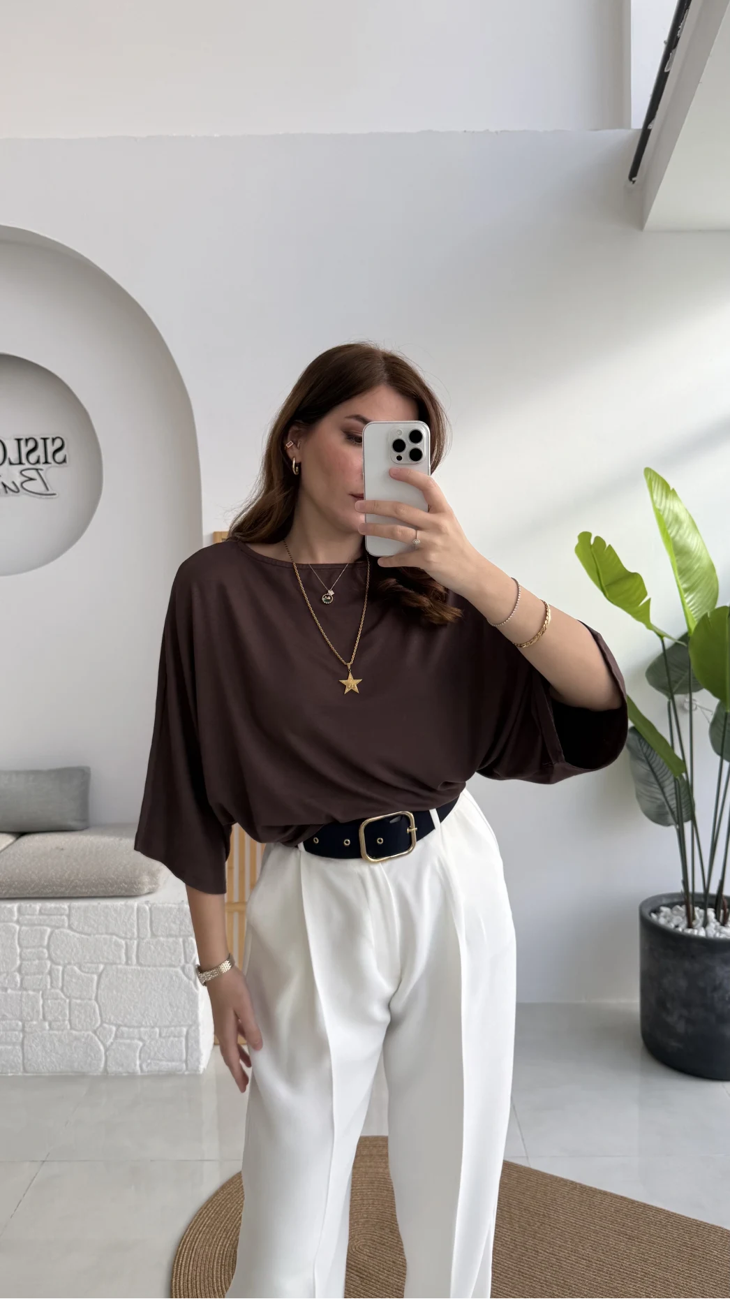 Athena Modal Yarasa Kol Kayık Yaka Bluz - Kahve