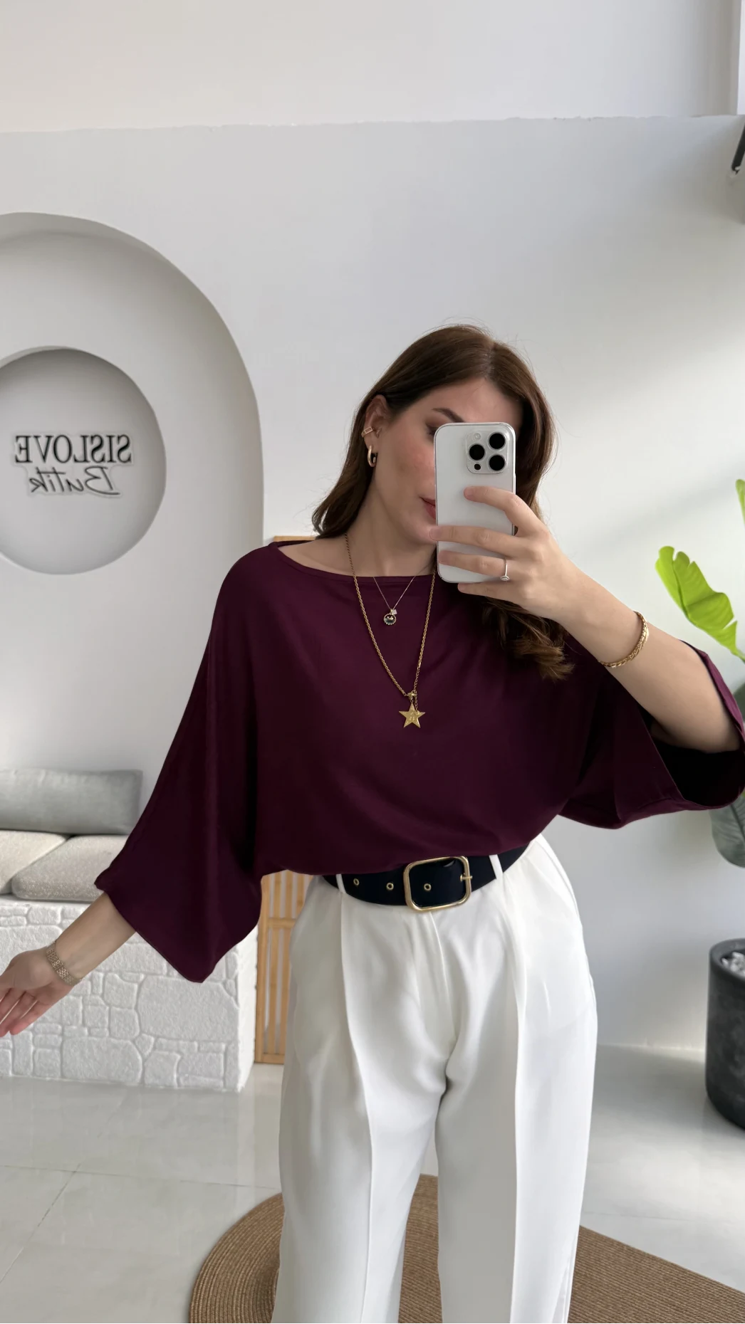 Athena Modal Yarasa Kol Kayık Yaka Bluz - Mürdüm