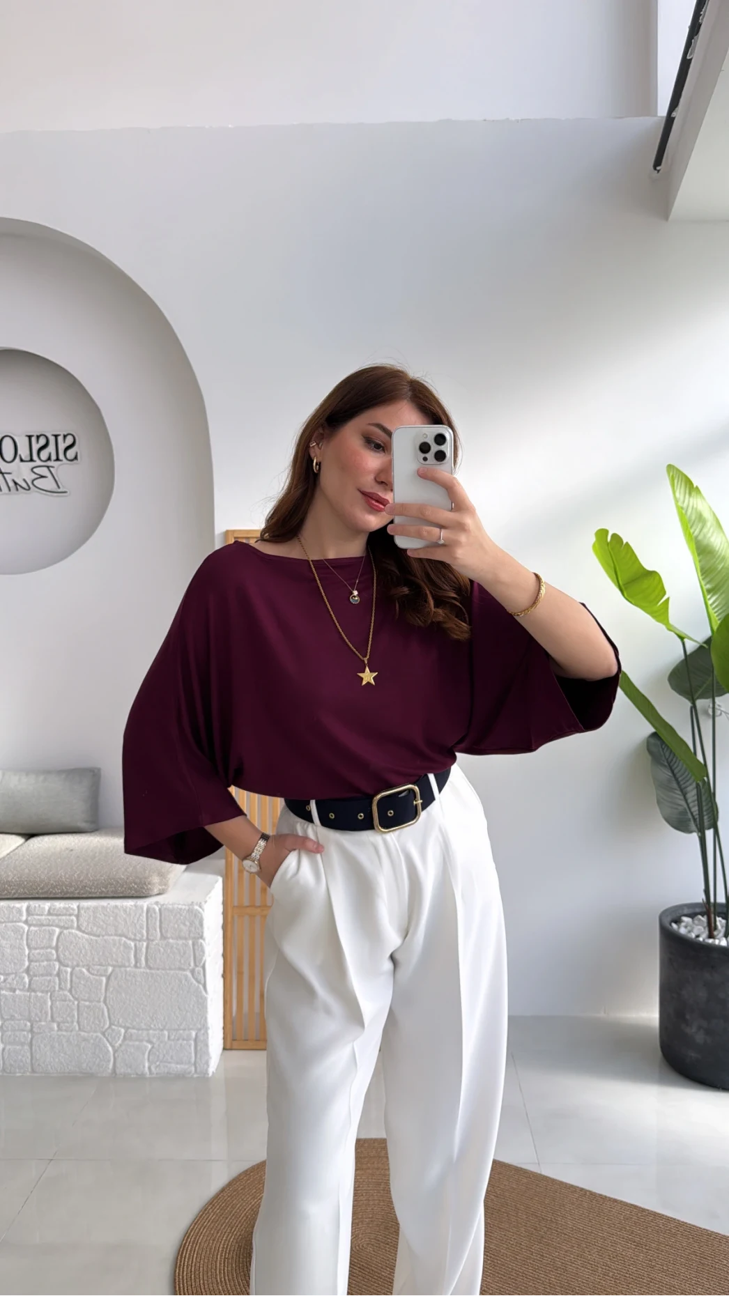 Athena Modal Yarasa Kol Kayık Yaka Bluz - Mürdüm