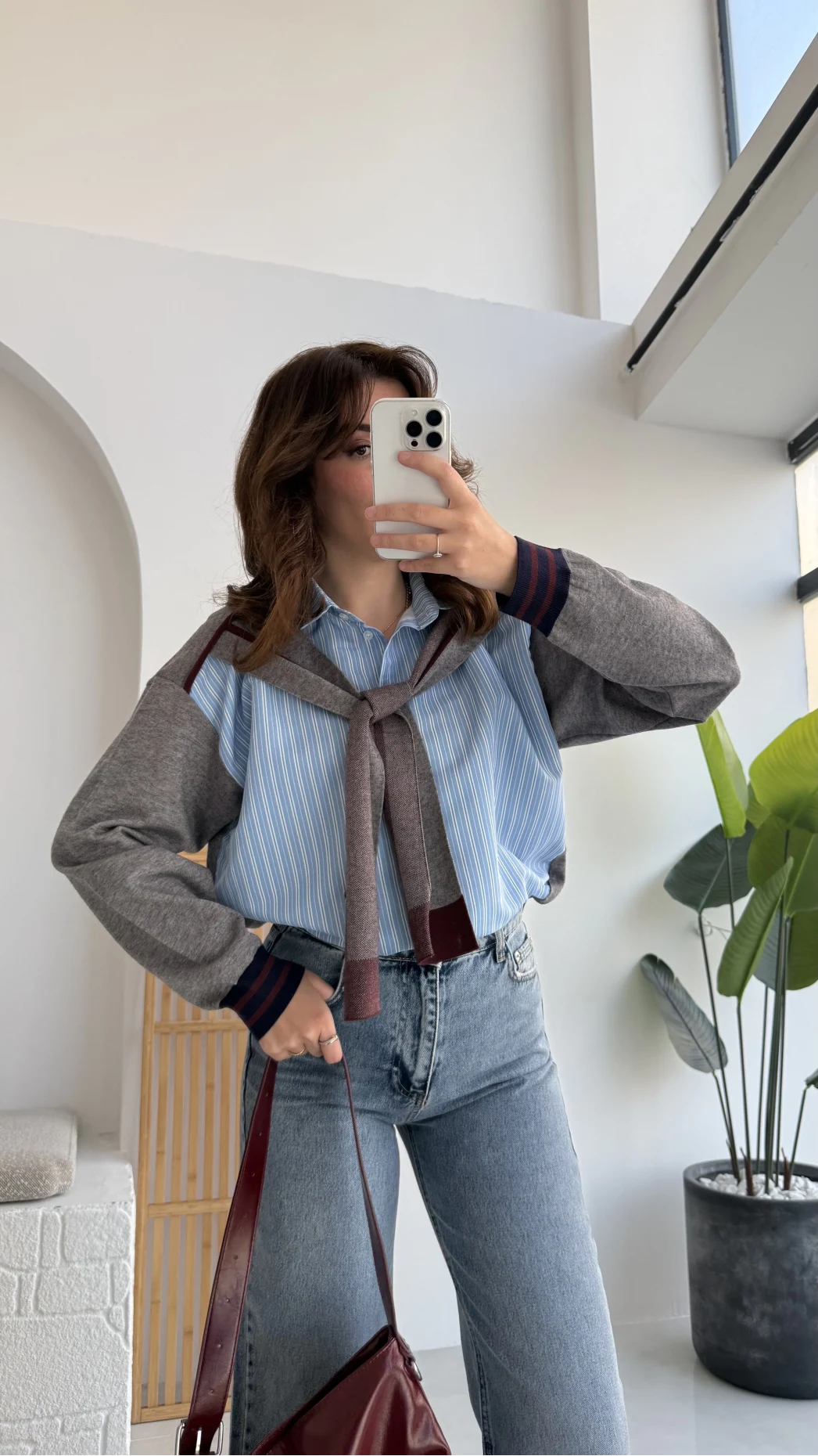 Premium Atkı Bağlamalı Mavi Gömlek - Kod:9013