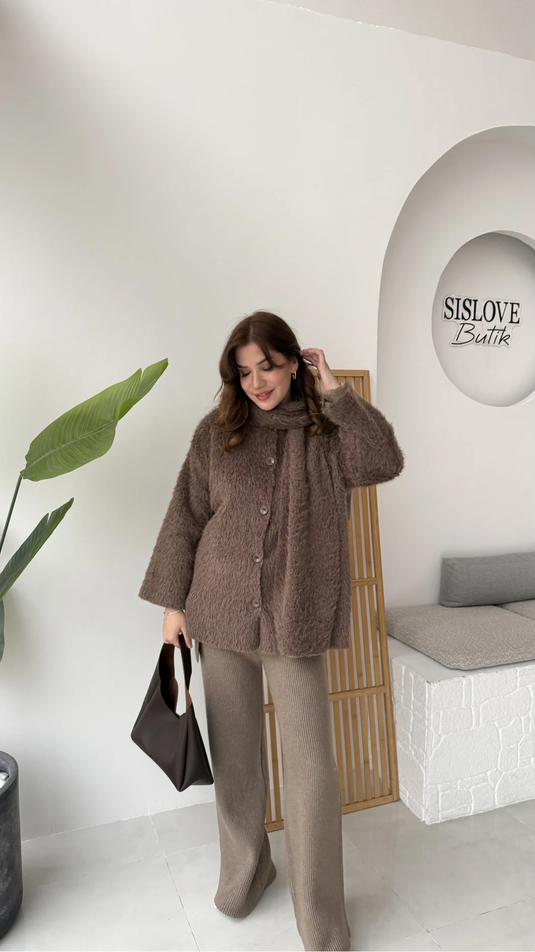 Atkılı Tüylü Ceket - Kahve - Kod: 52603