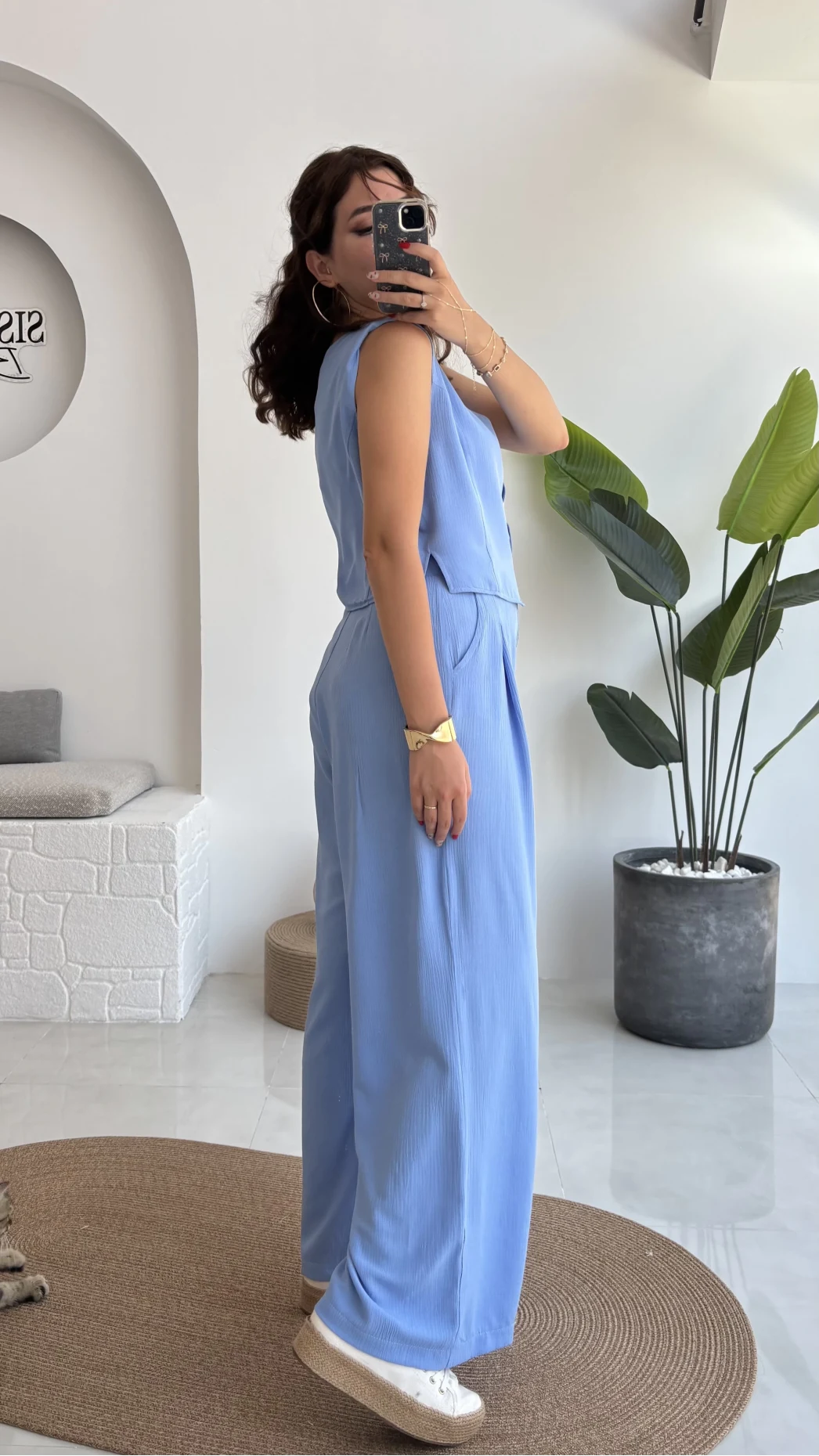 Aurora Gold Düğmeli Yelek Pantolon Takım - Mavi - 8009