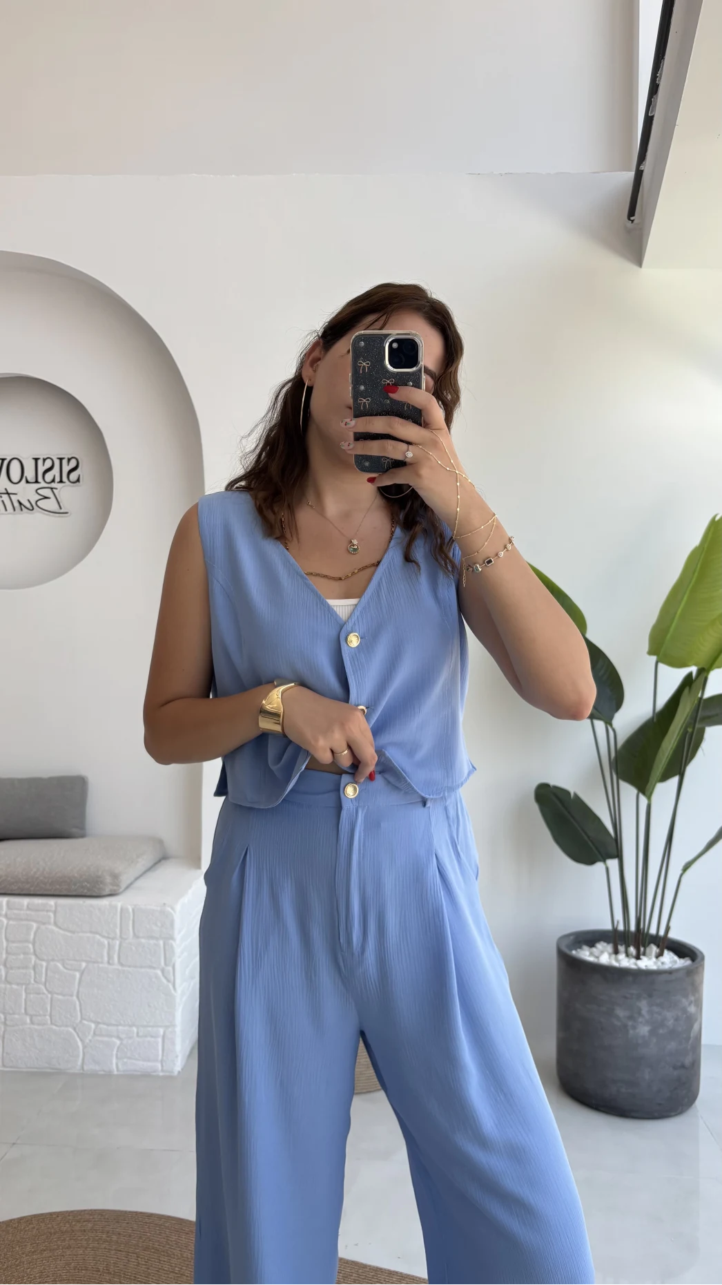 Aurora Gold Düğmeli Yelek Pantolon Takım - Mavi - 8009