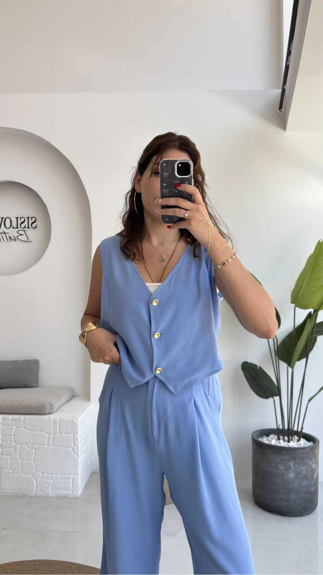 Aurora Gold Düğmeli Yelek Pantolon Takım - Mavi - 8009