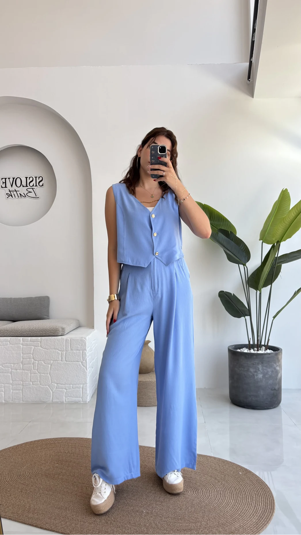 Aurora Gold Düğmeli Yelek Pantolon Takım - Mavi - 8009