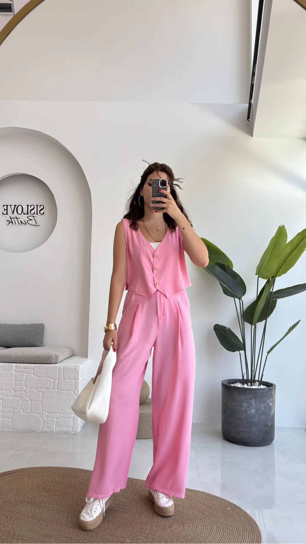Aurora Gold Düğmeli Yelek Pantolon Takım - Pembe - 8009