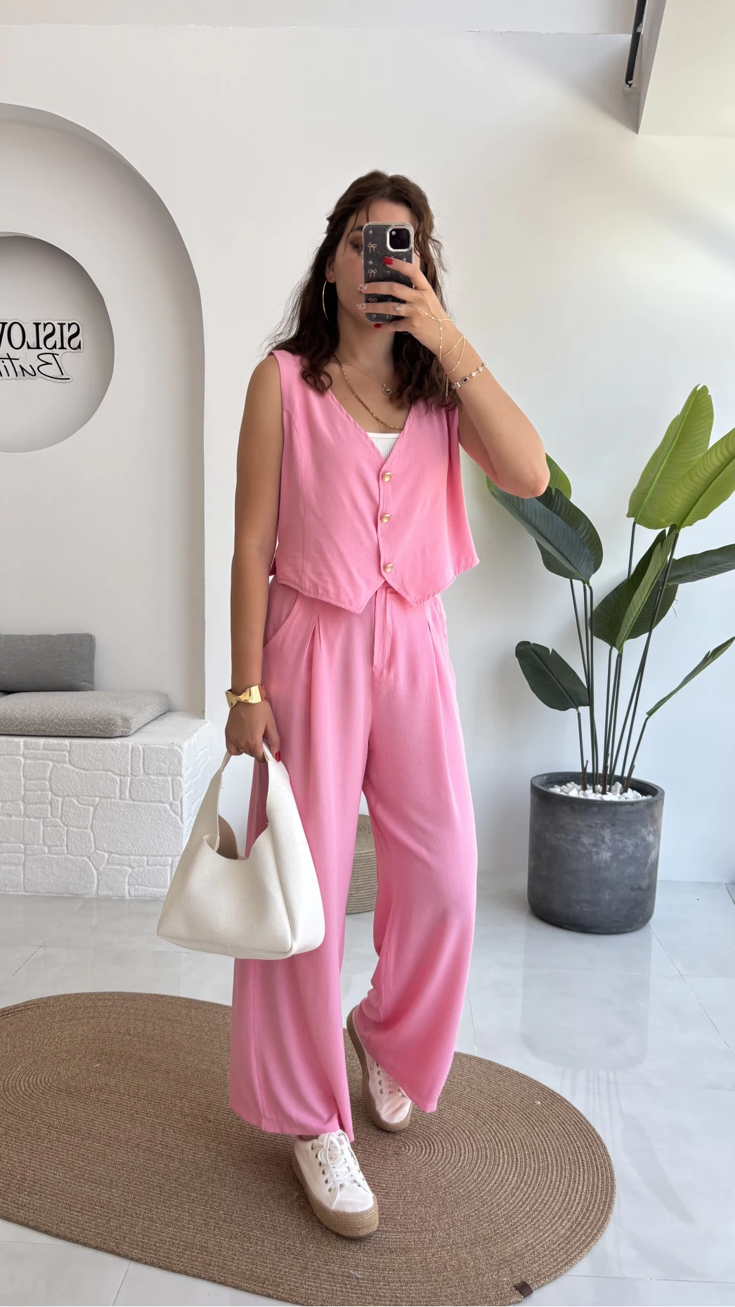 Aurora Gold Düğmeli Yelek Pantolon Takım - Pembe - 8009