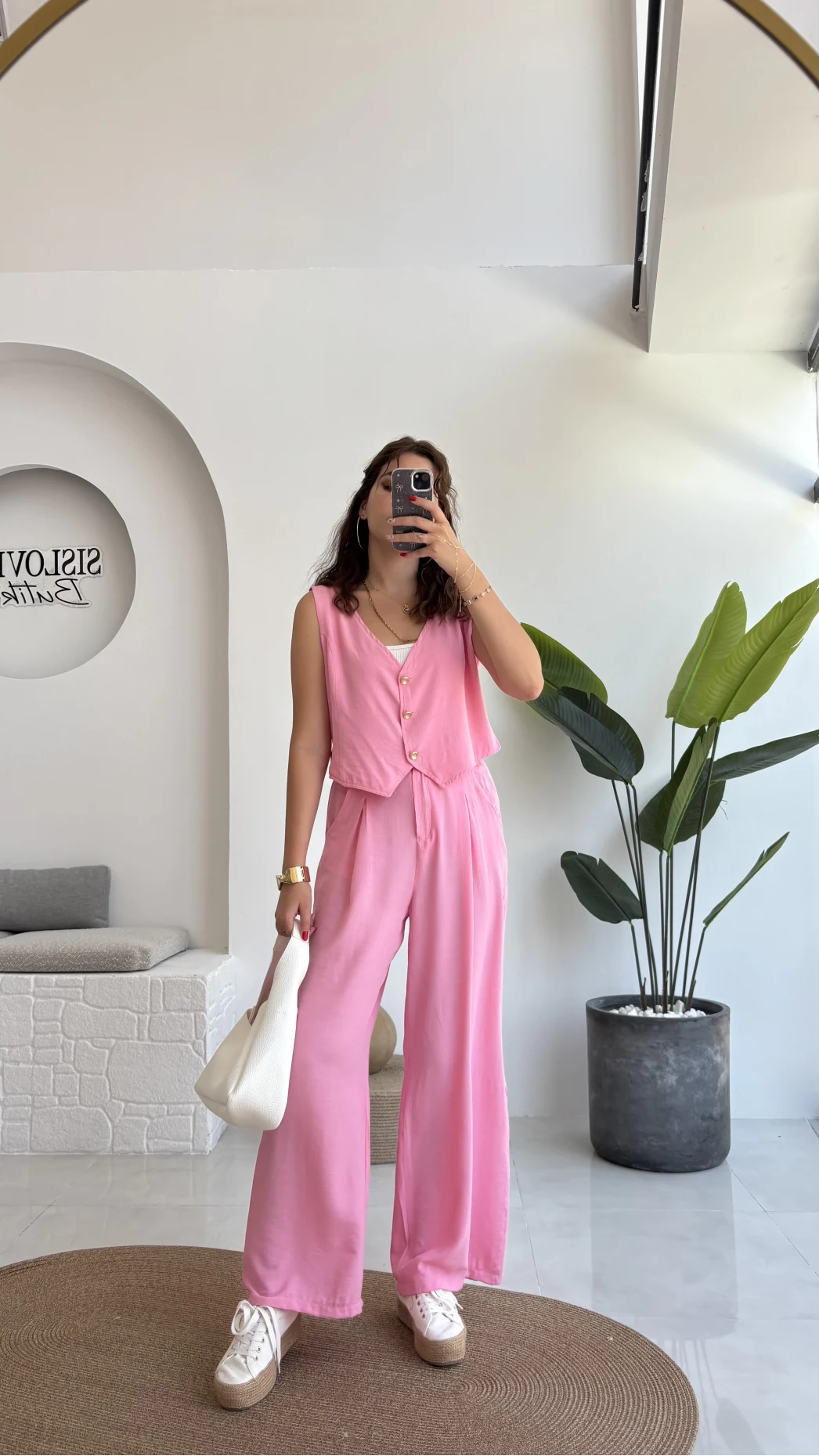 Aurora Gold Düğmeli Yelek Pantolon Takım - Pembe - 8009