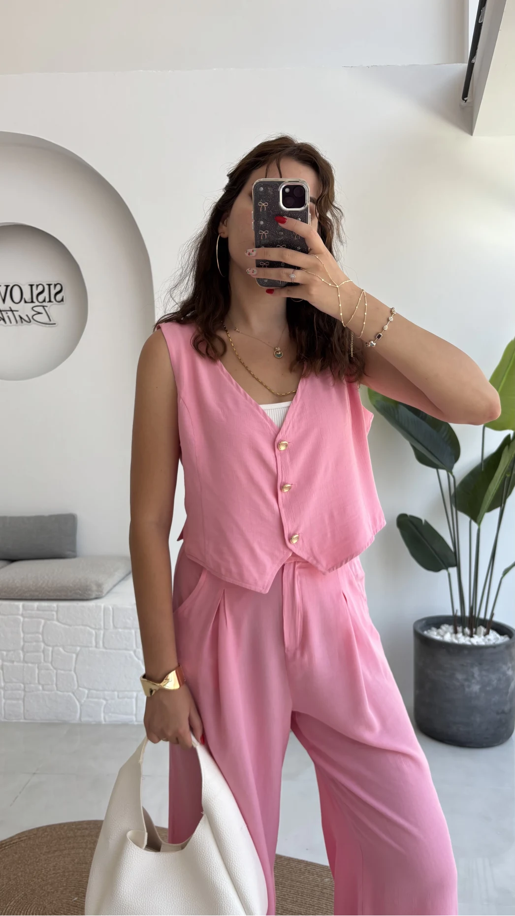 Aurora Gold Düğmeli Yelek Pantolon Takım - Pembe - 8009