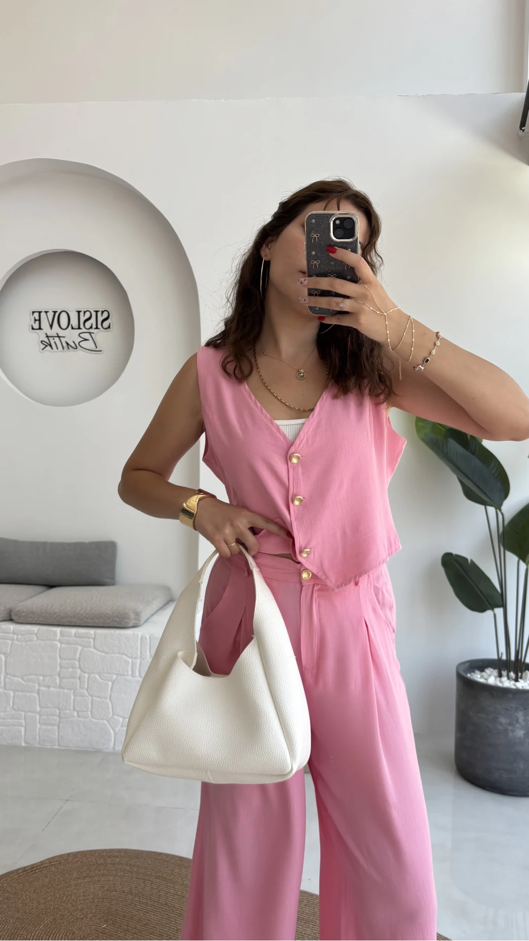 Aurora Gold Düğmeli Yelek Pantolon Takım - Pembe - 8009