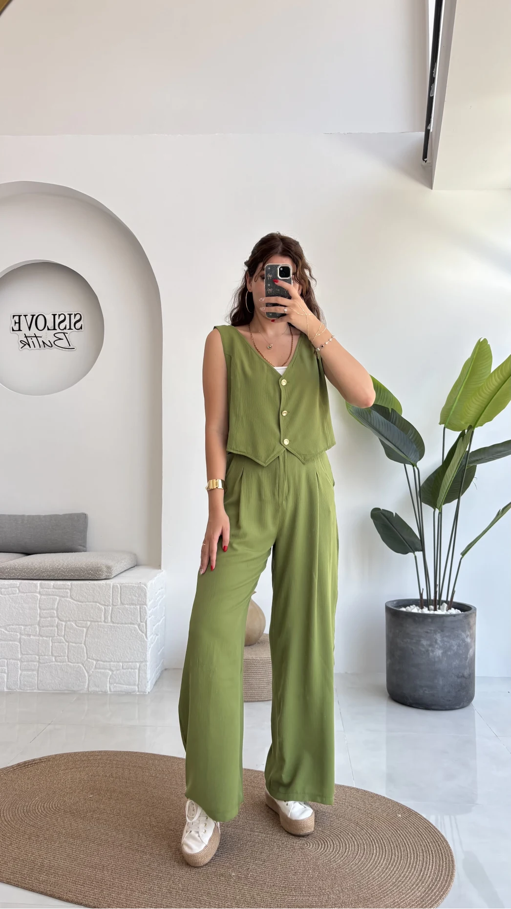 Aurora Gold Düğmeli Yelek Pantolon Takım - Yeşil - 8009