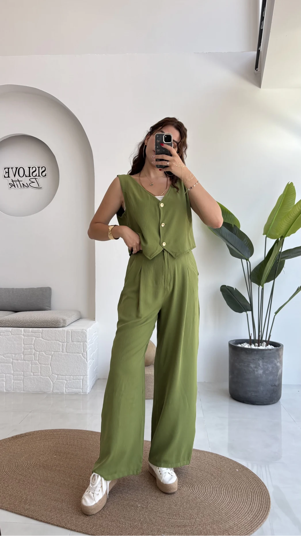 Aurora Gold Düğmeli Yelek Pantolon Takım - Yeşil - 8009