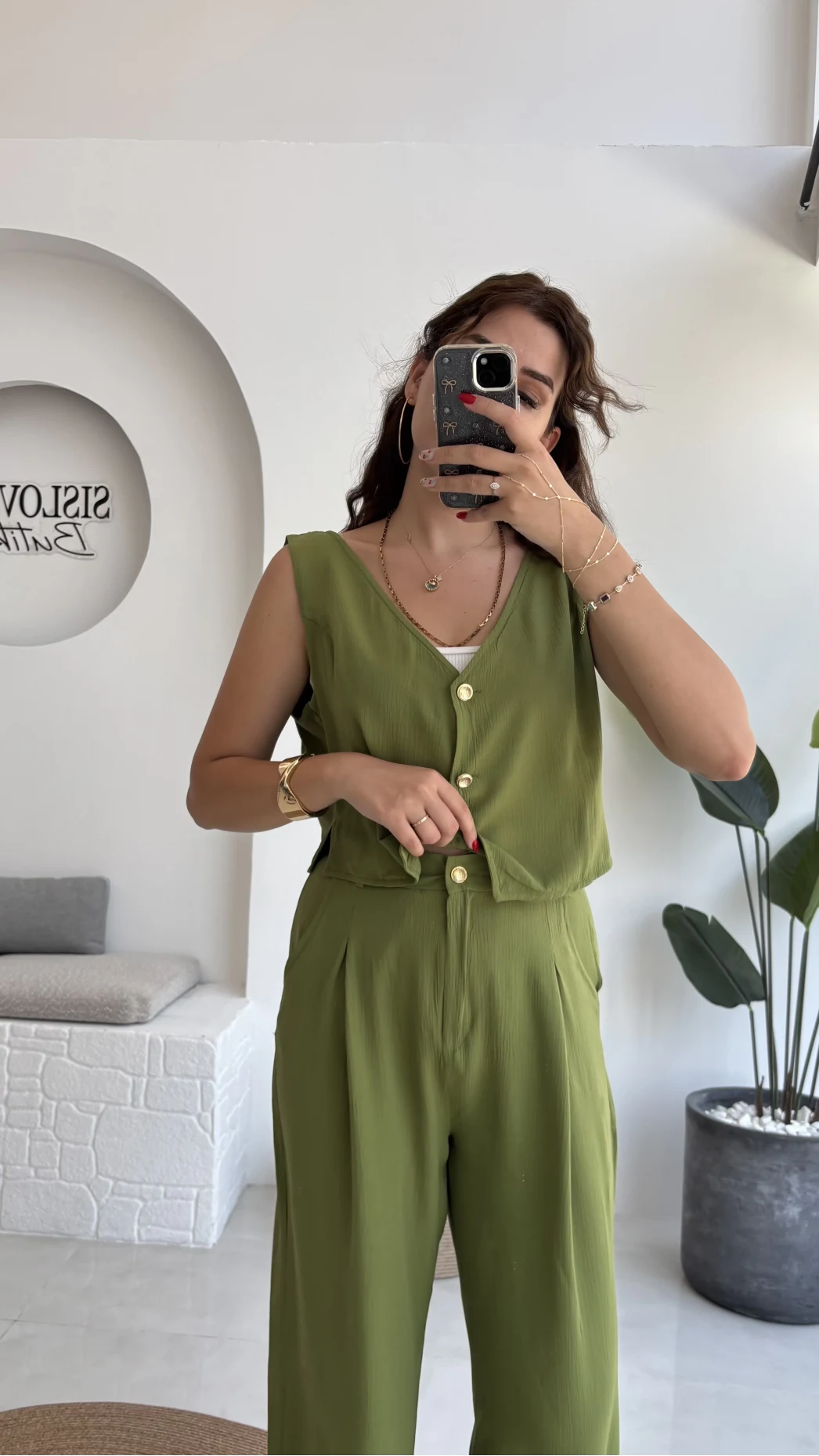 Aurora Gold Düğmeli Yelek Pantolon Takım - Yeşil - 8009