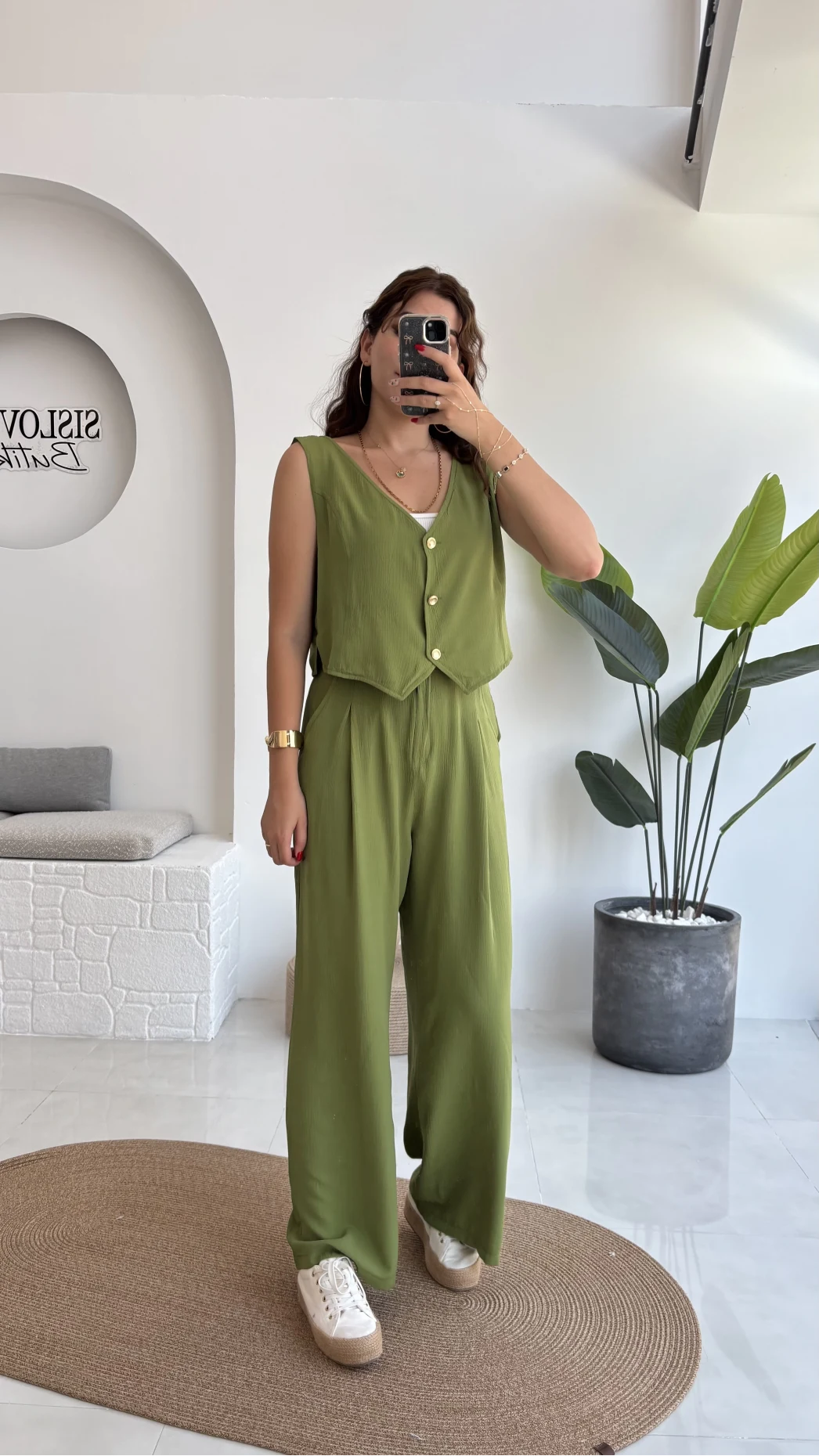 Aurora Gold Düğmeli Yelek Pantolon Takım - Yeşil - 8009