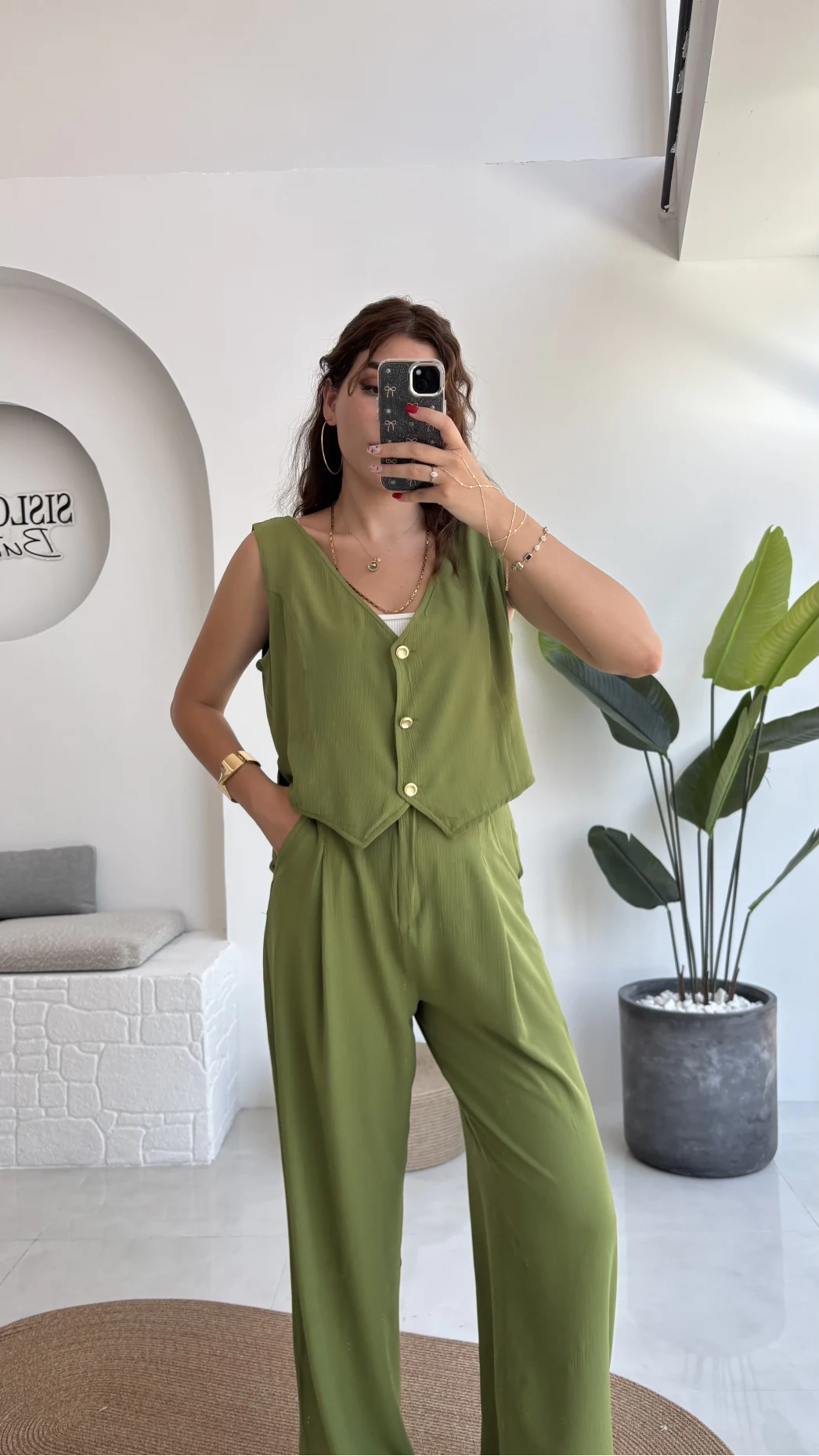 Aurora Gold Düğmeli Yelek Pantolon Takım - Yeşil - 8009