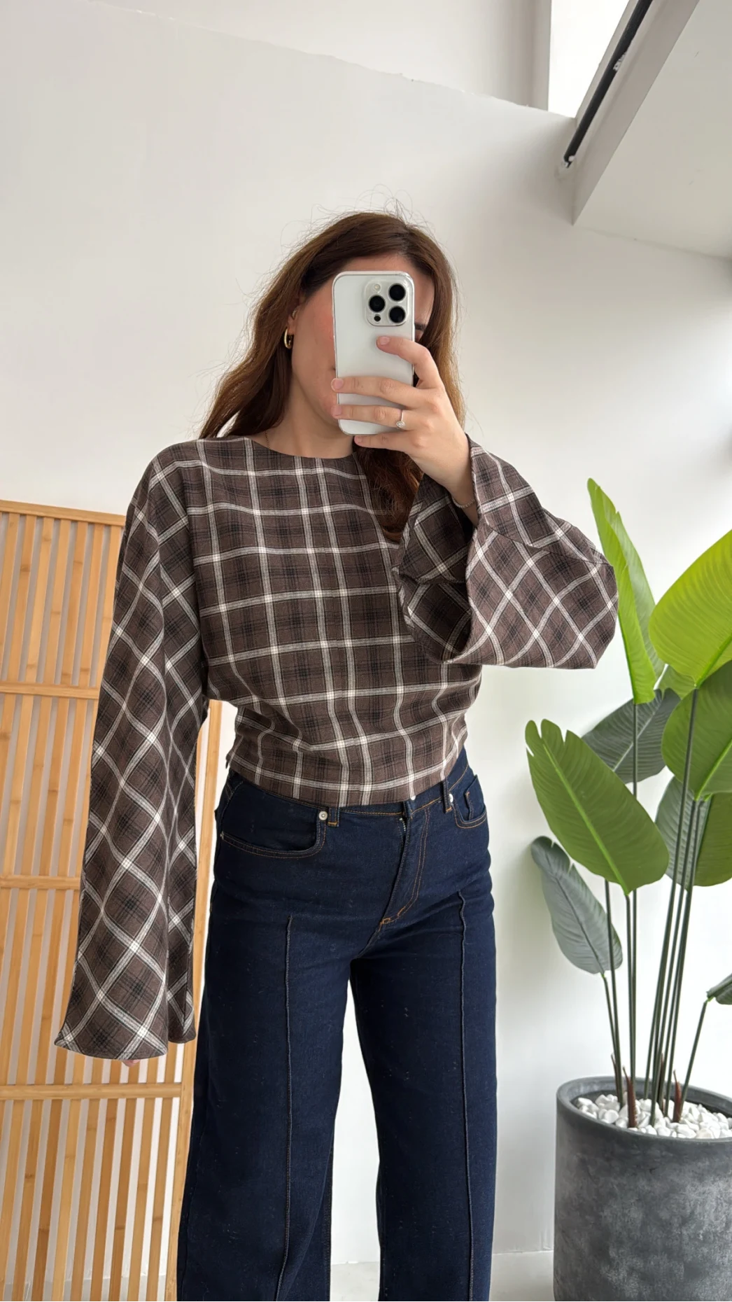 Avani Ekose Desenli Bluz - Kahverengi