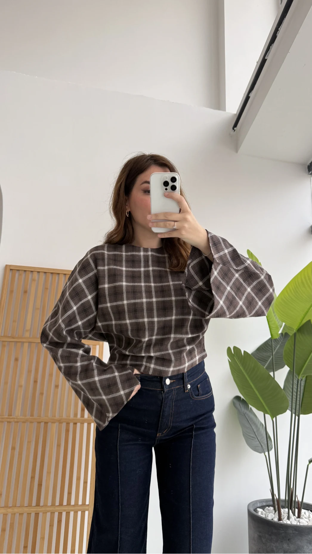 Avani Ekose Desenli Bluz - Kahverengi